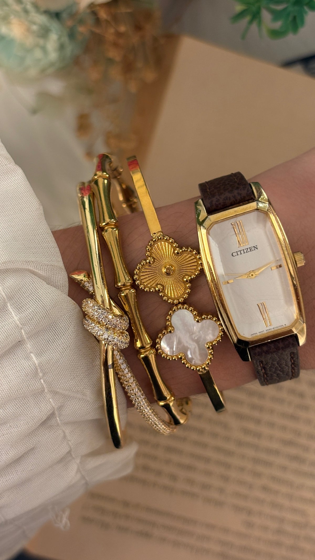 Rare Dainty Vintage Citizen Special Cut Glass Tank Watch in Gold Tone Black Leather Quartz