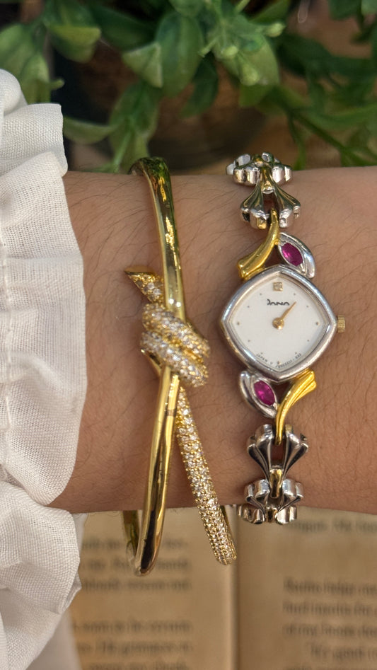 Extremely Rare Dainty Vintage Jana Diamond Dial Watch with Two Rubies in Gold and Platinum Tone Quartz