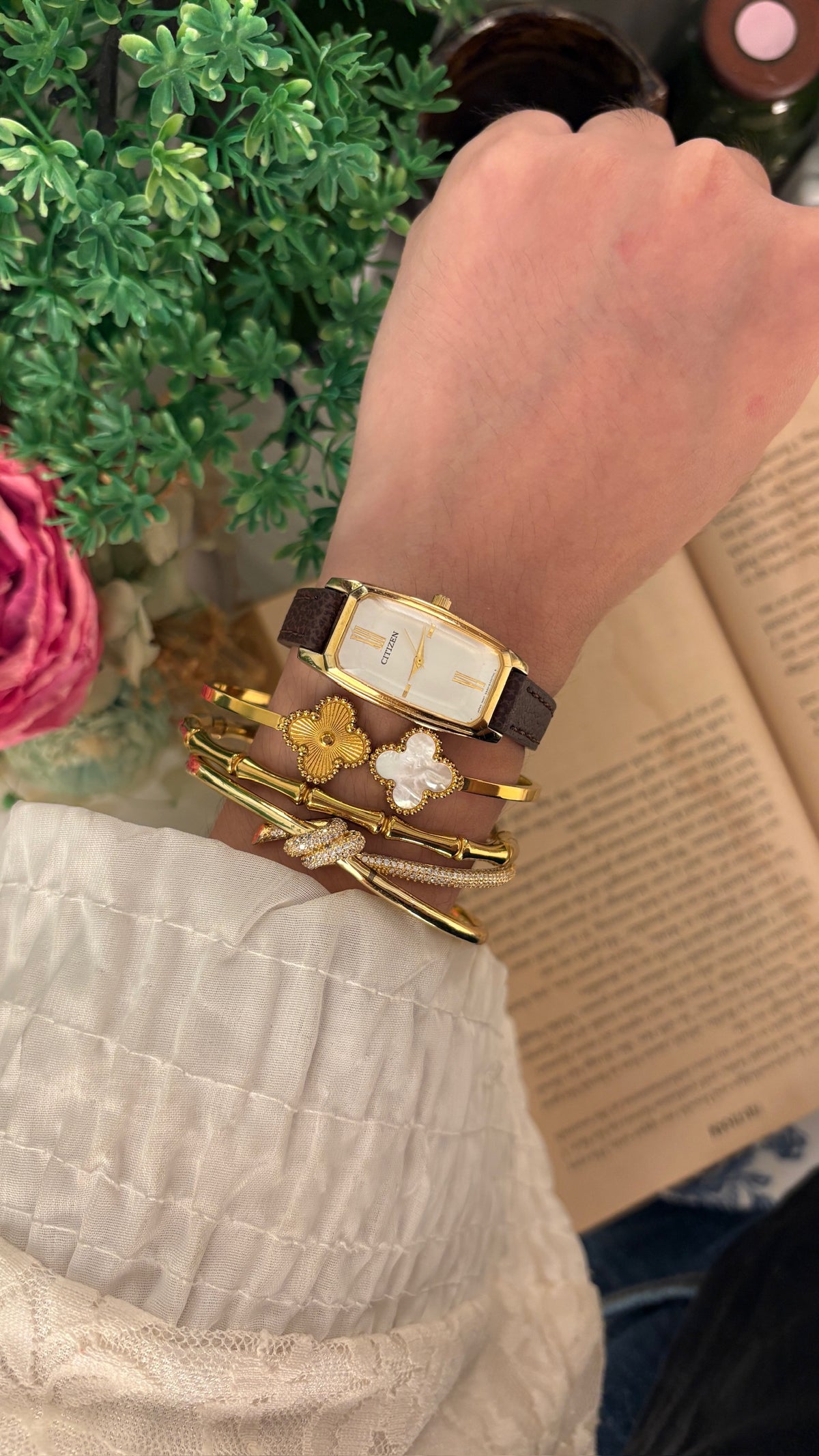 Rare Dainty Vintage Citizen Special Cut Glass Tank Watch in Gold Tone Black Leather Quartz