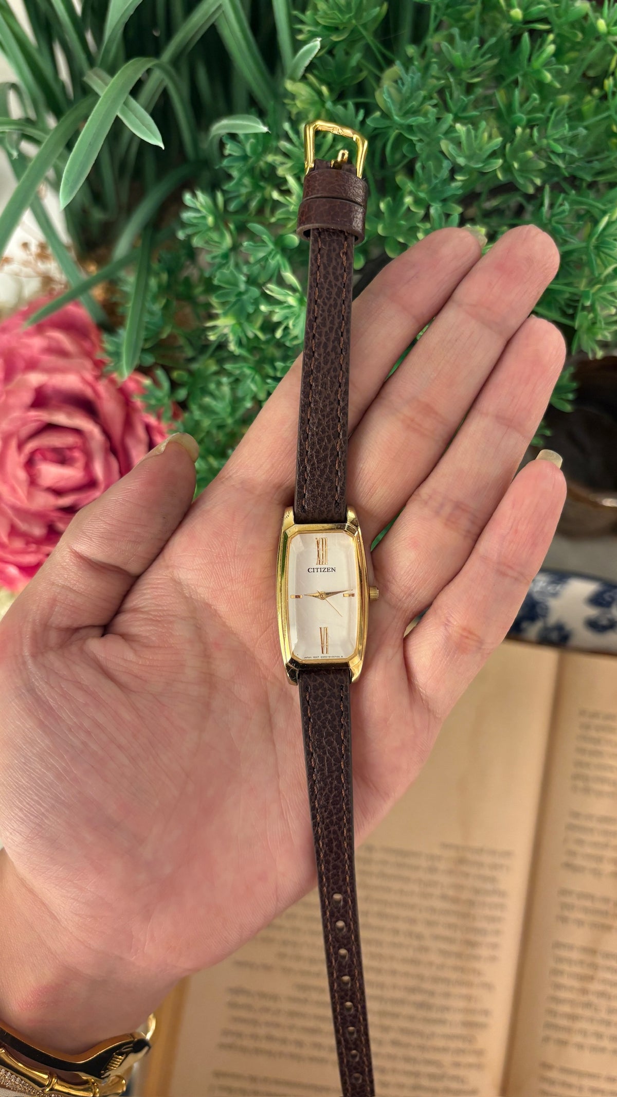 Rare Dainty Vintage Citizen Special Cut Glass Tank Watch in Gold Tone Black Leather Quartz