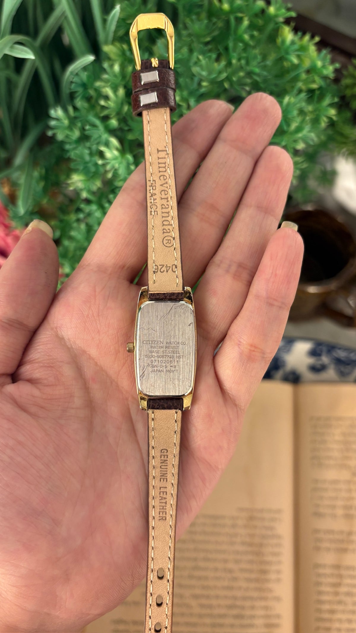 Rare Dainty Vintage Citizen Special Cut Glass Tank Watch in Gold Tone Black Leather Quartz