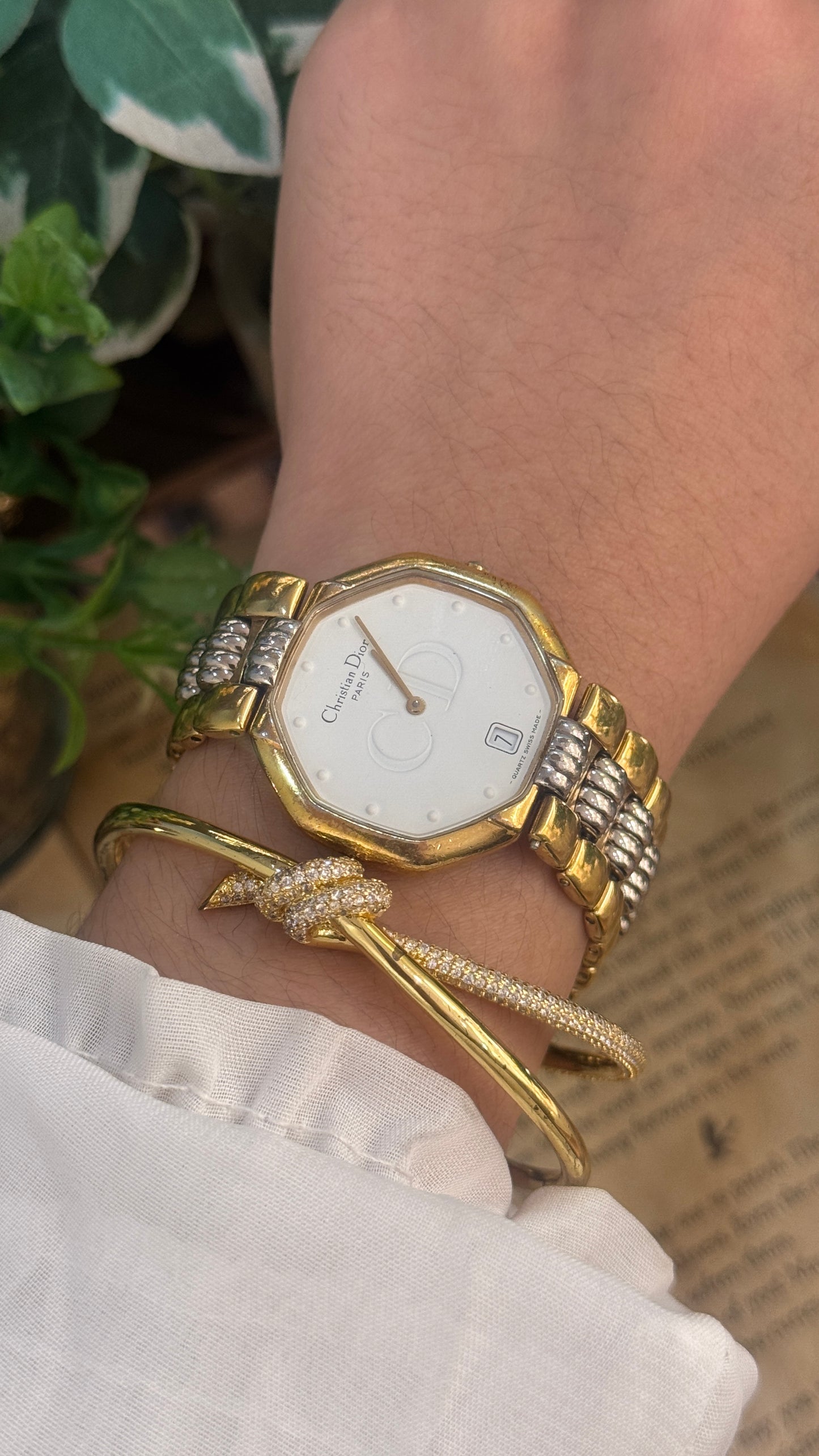 Extremely Rare Vintage Christian Dior Hexagonal Dial with Date Window Watch in Two-Tone Quartz