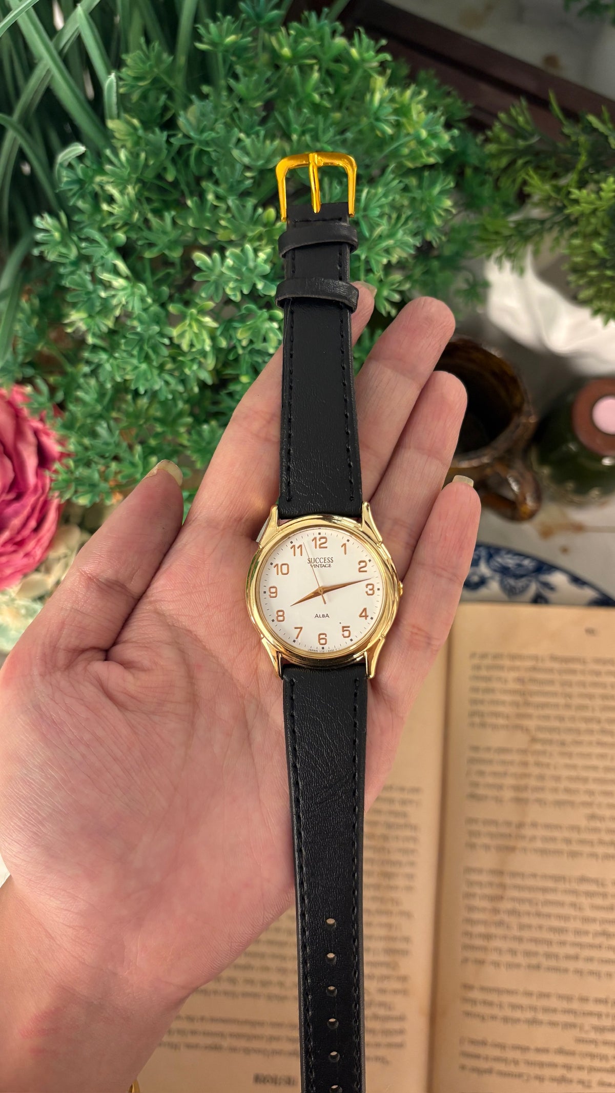 Rare Vintage Success Alba Seiko Mens Watch in Gold Tone Black Leather Quartz