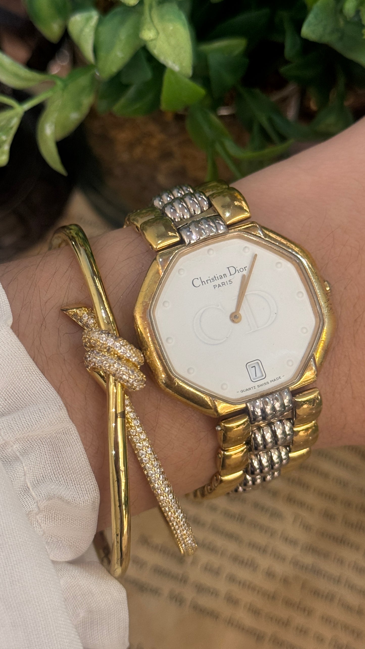 Extremely Rare Vintage Christian Dior Hexagonal Dial with Date Window Watch in Two-Tone Quartz