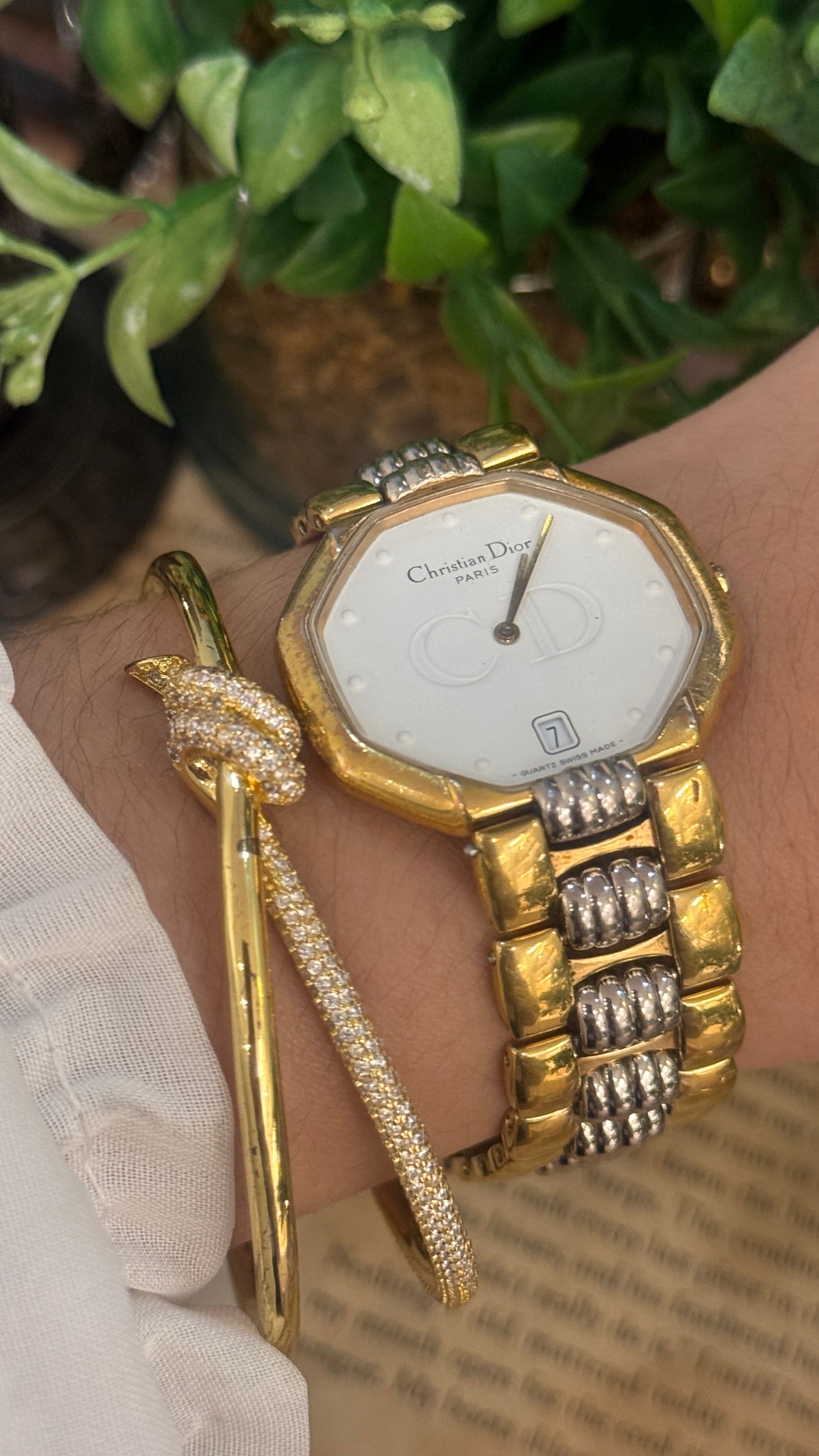 Extremely Rare Vintage Christian Dior Hexagonal Dial with Date Window Watch in Two-Tone Quartz