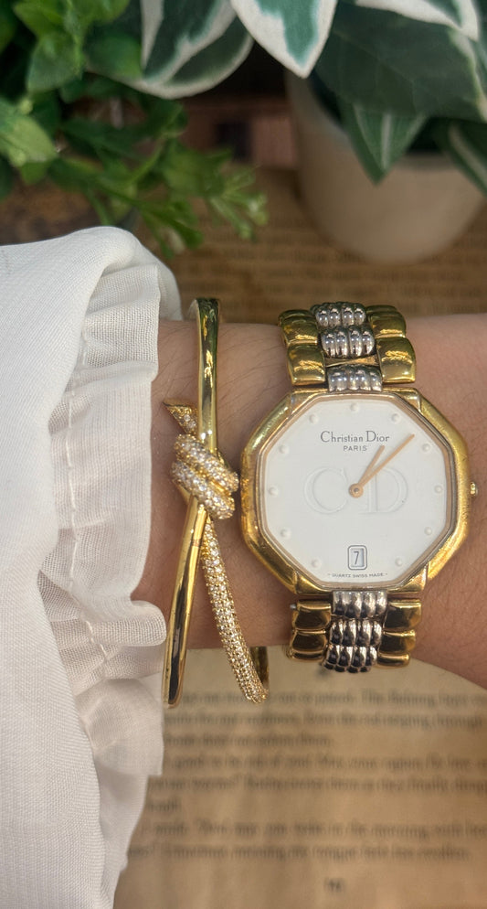 Extremely Rare Vintage Christian Dior Hexagonal Dial with Date Window Watch in Two-Tone Quartz