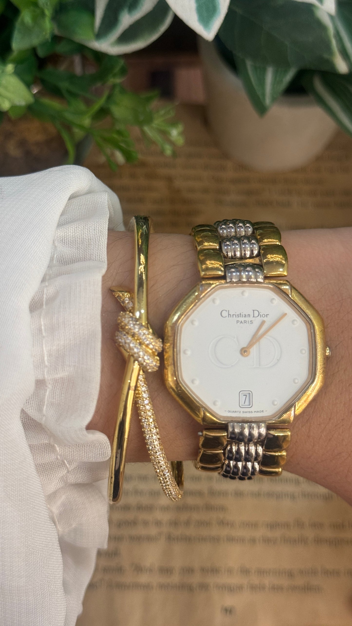Extremely Rare Vintage Christian Dior Hexagonal Dial with Date Window Watch in Two-Tone Quartz