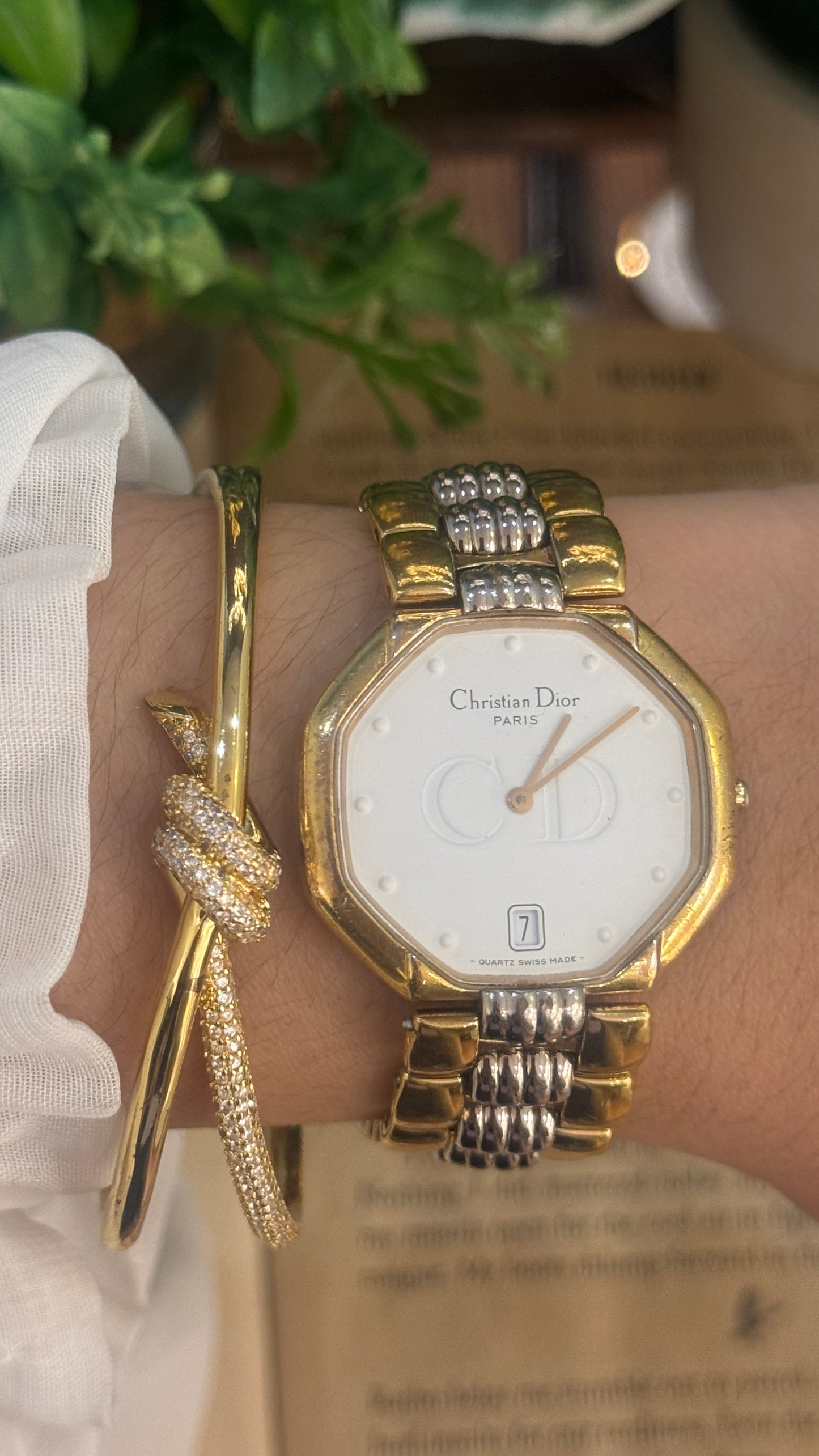 Extremely Rare Vintage Christian Dior Hexagonal Dial with Date Window Watch in Two-Tone Quartz