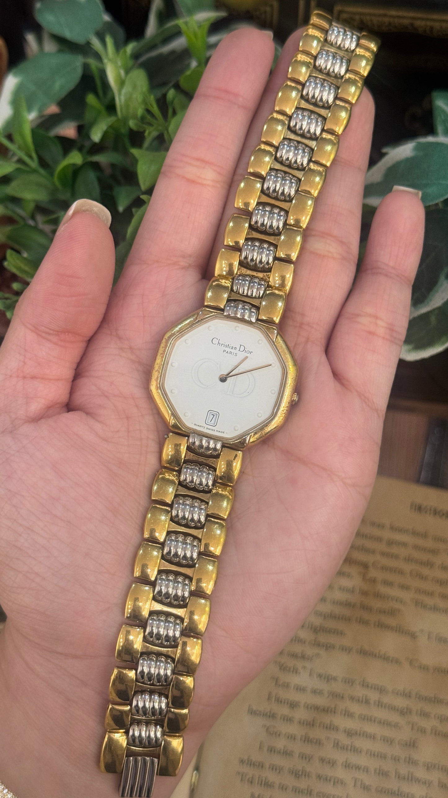 Extremely Rare Vintage Christian Dior Hexagonal Dial with Date Window Watch in Two-Tone Quartz
