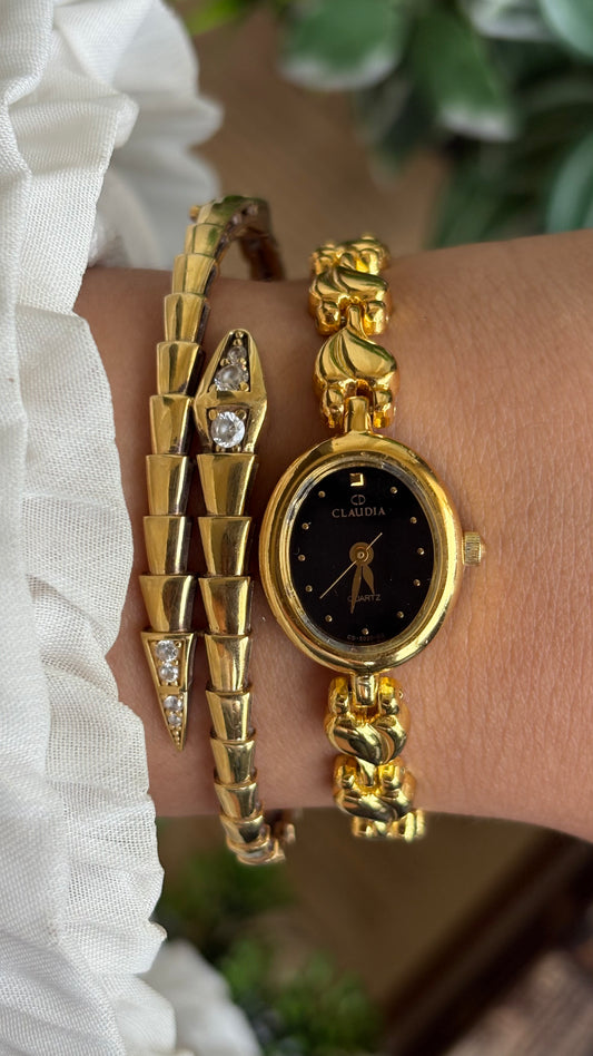 Vintage Claudia Watch in Gold Tone Black Oval Dial Heart Straps