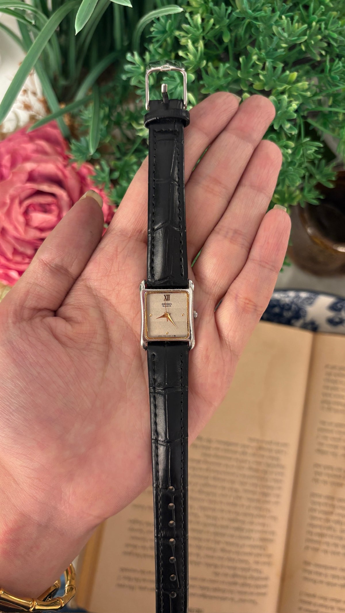Dainty Vintage Seiko Gray Dial Mini Tank Watch in Silver Tone Black Leather Quartz