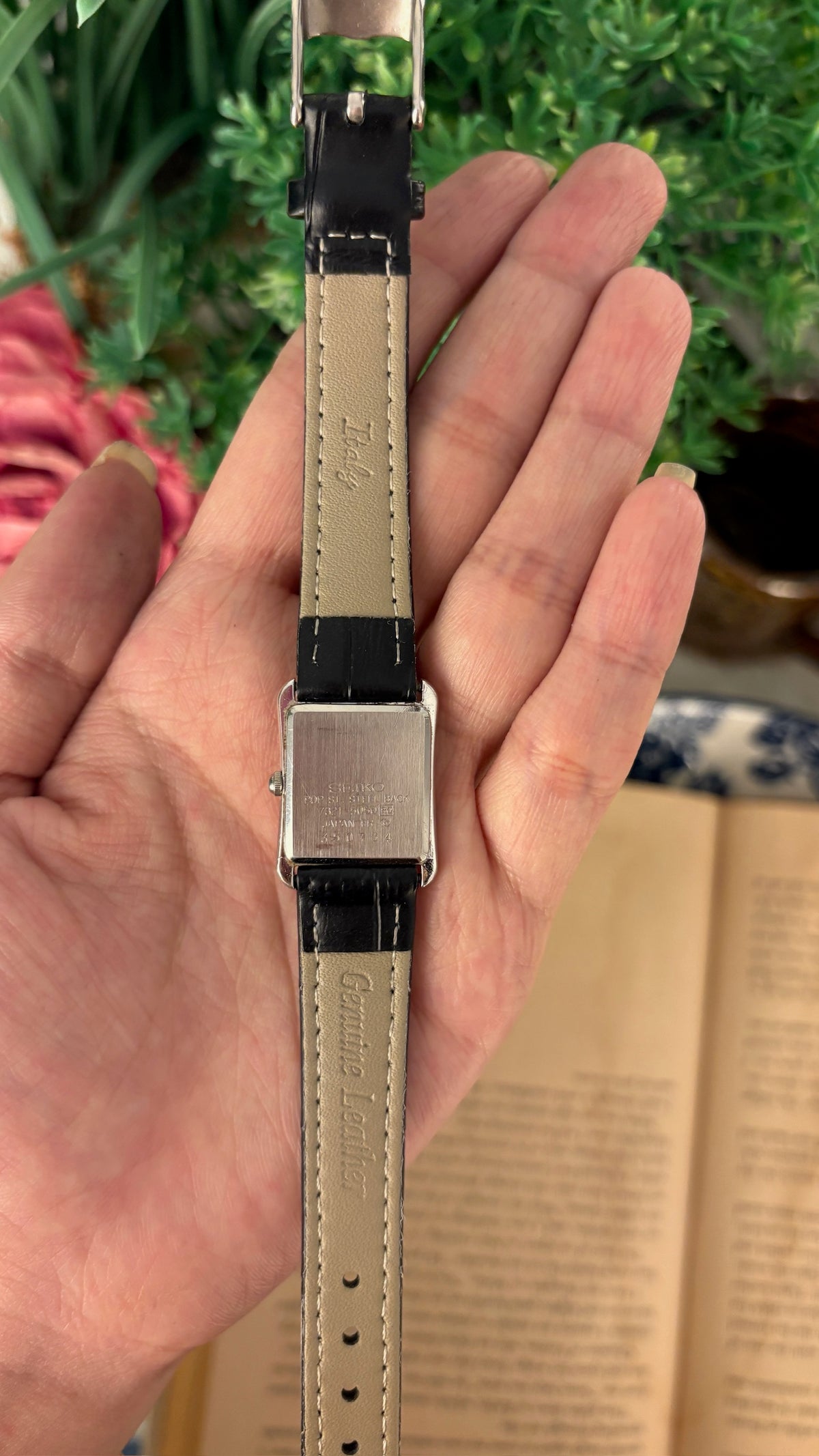 Dainty Vintage Seiko Gray Dial Mini Tank Watch in Silver Tone Black Leather Quartz