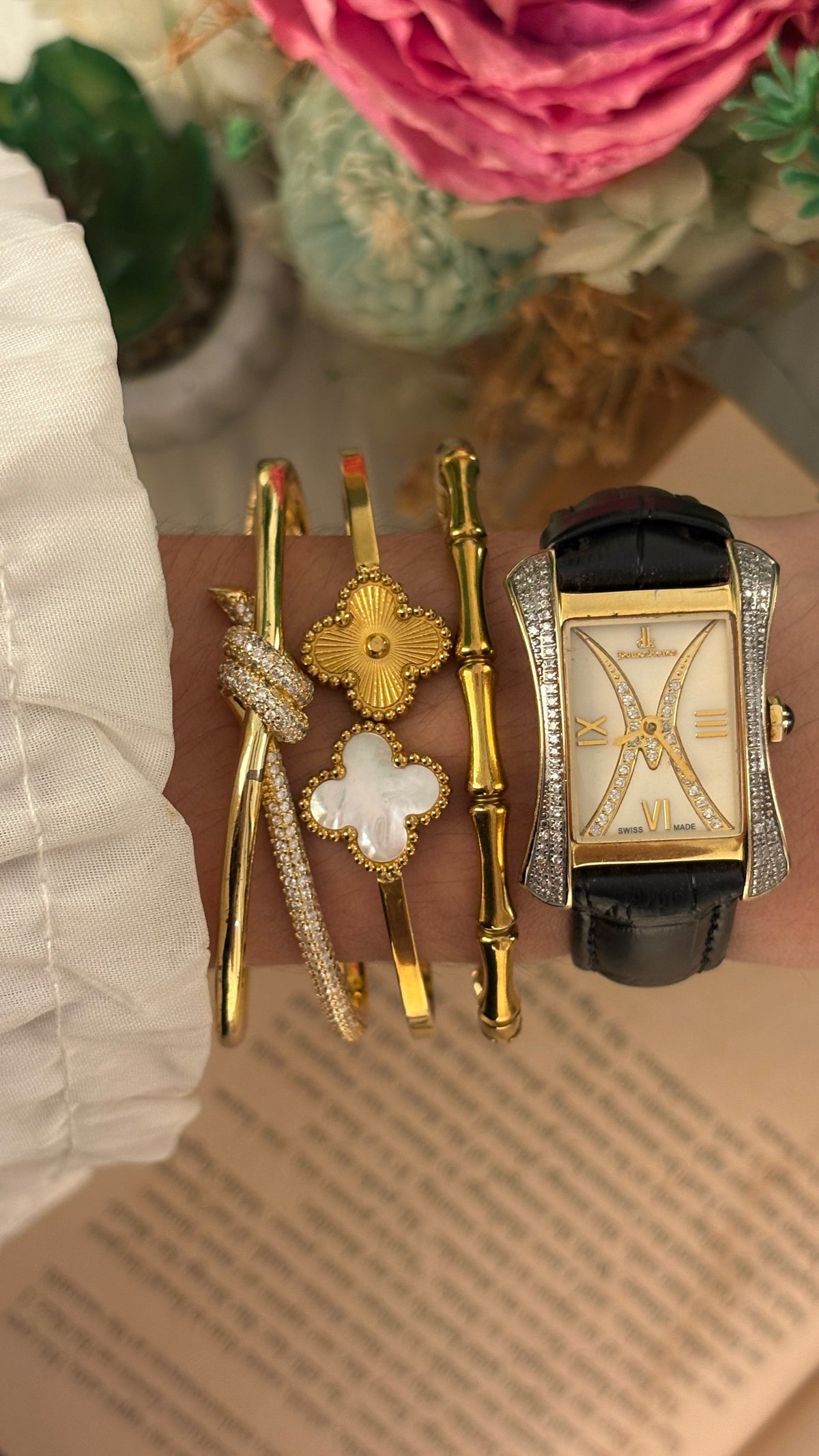 Rare Vintage Domos Kenos Swiss Rhinestone Accent Tank Watch in Gold Tone Black Leather Quartz