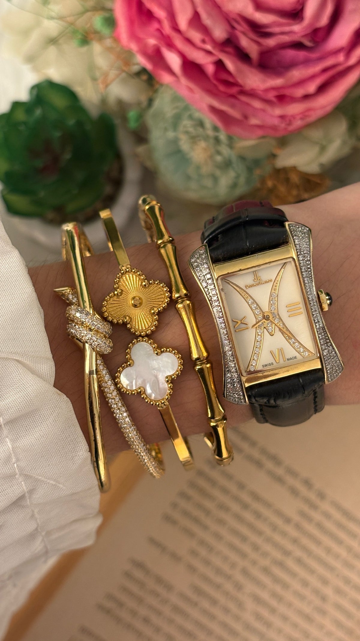 Rare Vintage Domos Kenos Swiss Rhinestone Accent Tank Watch in Gold Tone Black Leather Quartz
