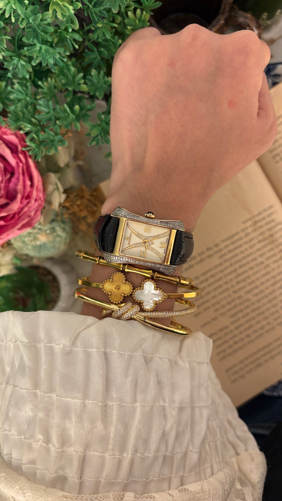 Rare Vintage Domos Kenos Swiss Rhinestone Accent Tank Watch in Gold Tone Black Leather Quartz