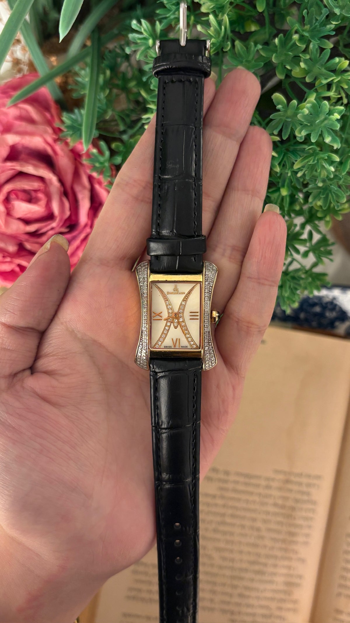 Rare Vintage Domos Kenos Swiss Rhinestone Accent Tank Watch in Gold Tone Black Leather Quartz