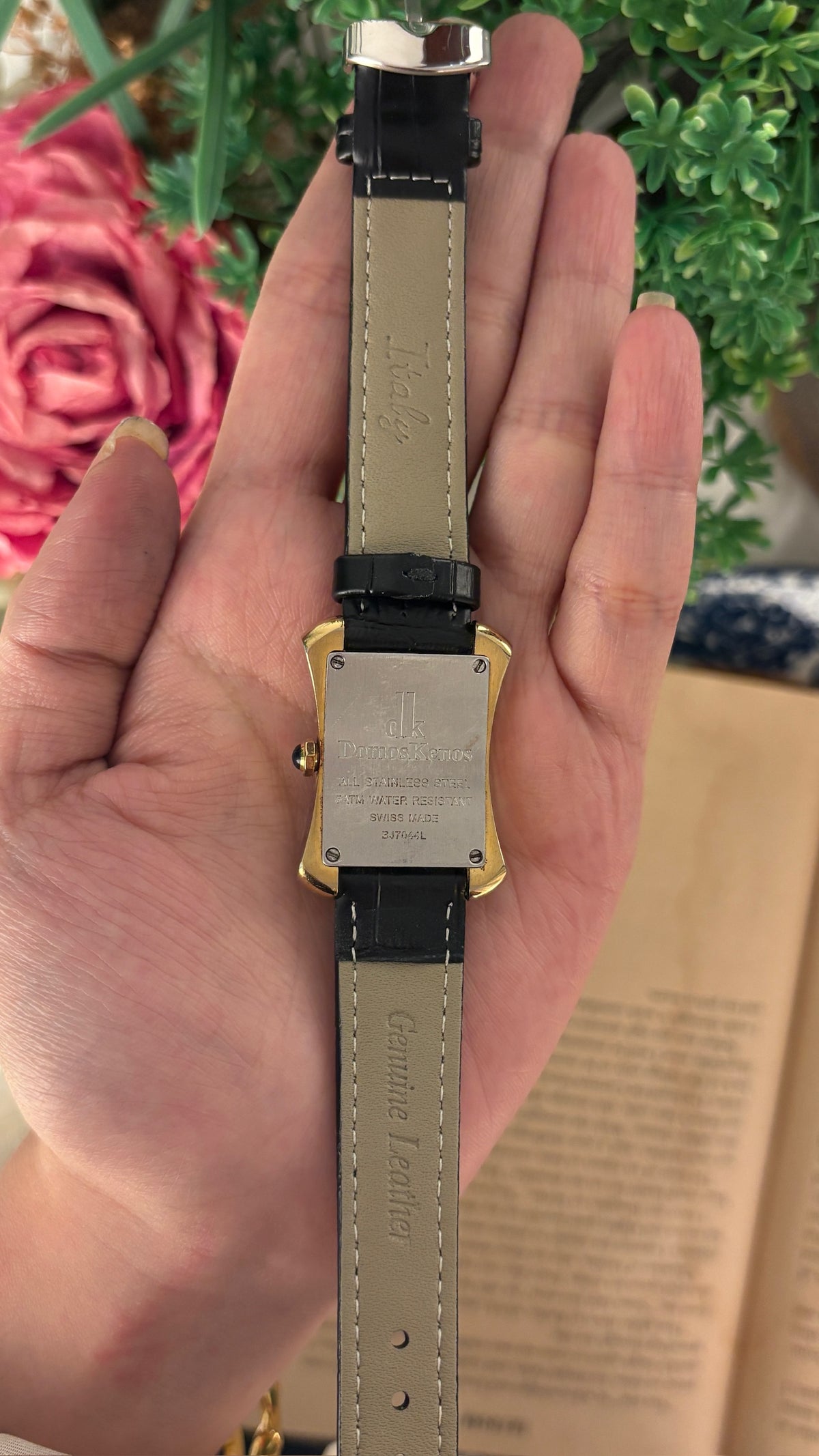 Rare Vintage Domos Kenos Swiss Rhinestone Accent Tank Watch in Gold Tone Black Leather Quartz