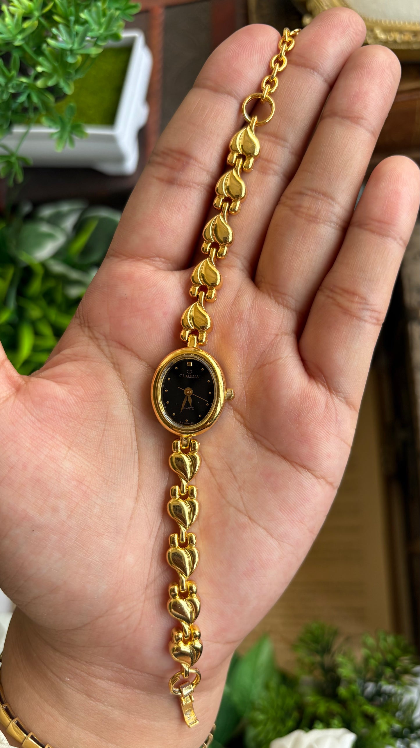 Vintage Claudia Watch in Gold Tone Black Oval Dial Heart Straps