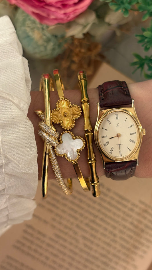 Vintage JF Oval Dial Watch in Gold Tone Brown Leather Quartz
