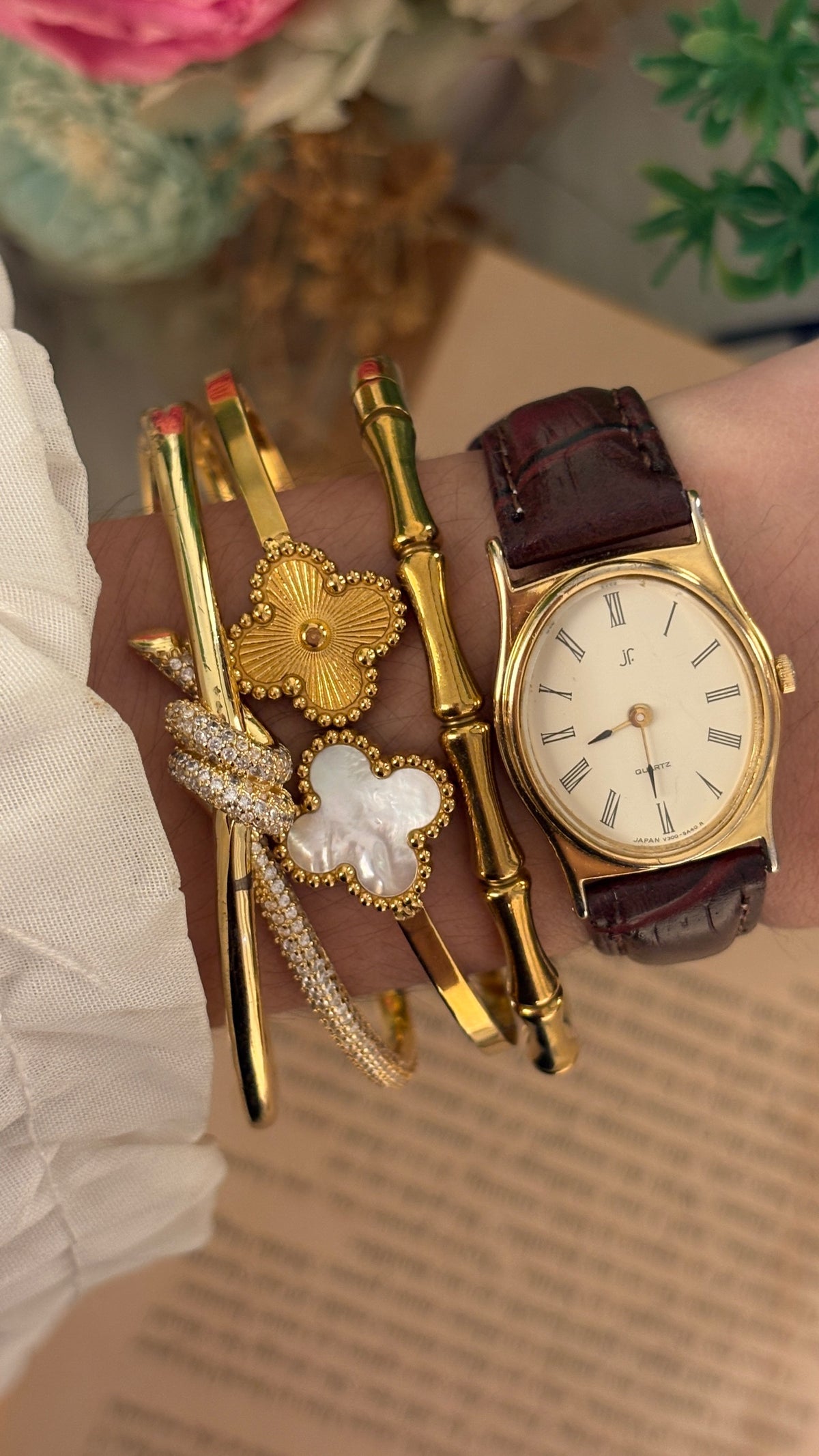 Vintage JF Oval Dial Watch in Gold Tone Brown Leather Quartz