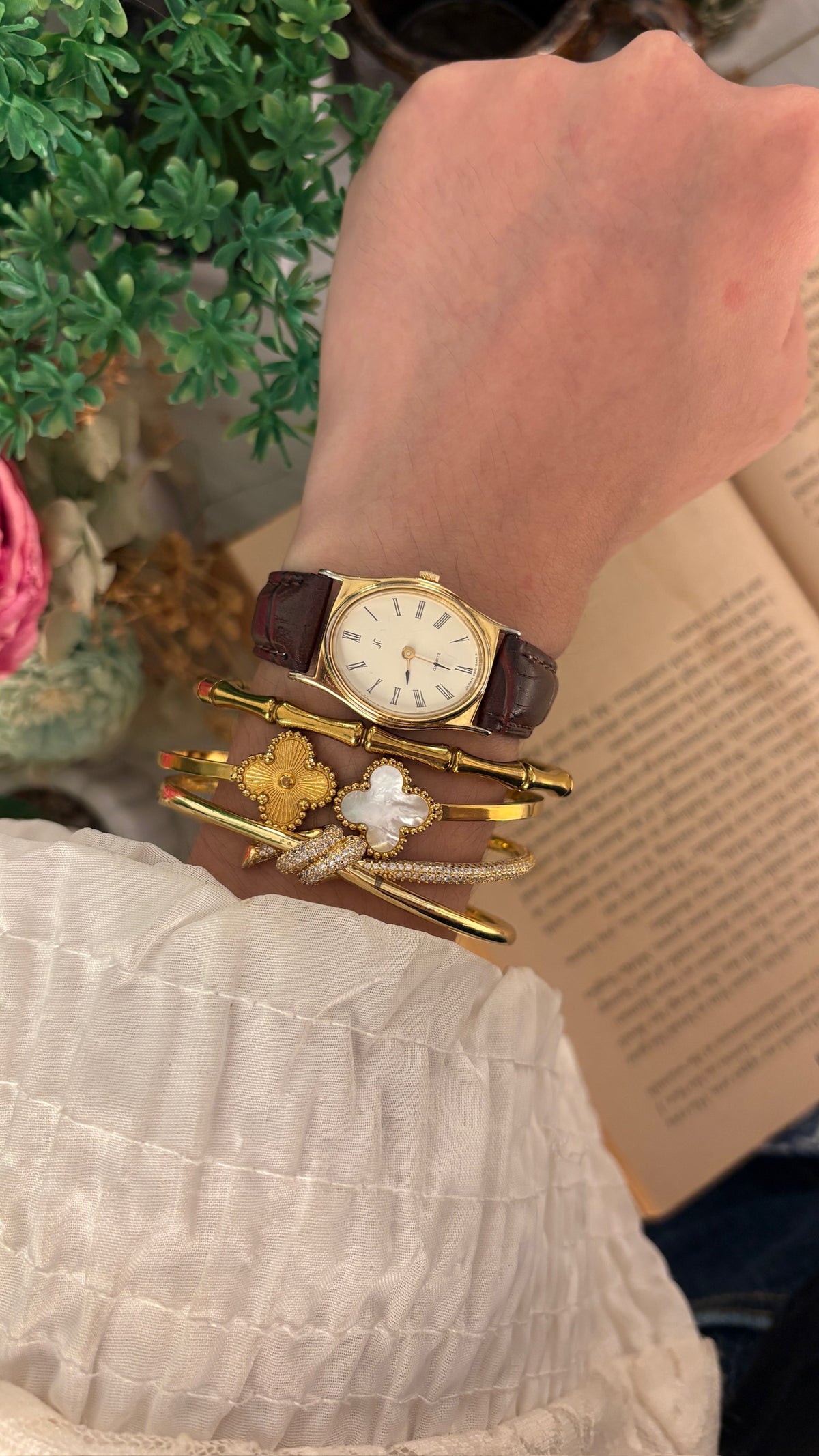 Vintage JF Oval Dial Watch in Gold Tone Brown Leather Quartz