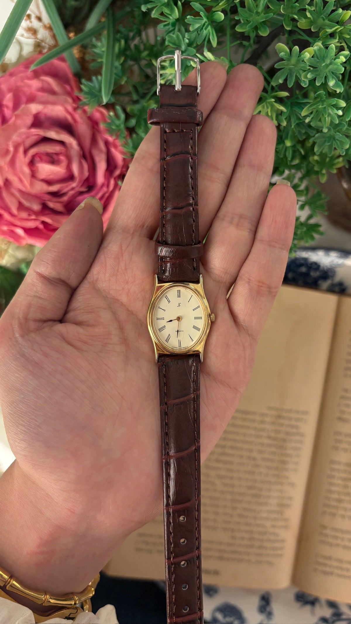 Vintage JF Oval Dial Watch in Gold Tone Brown Leather Quartz