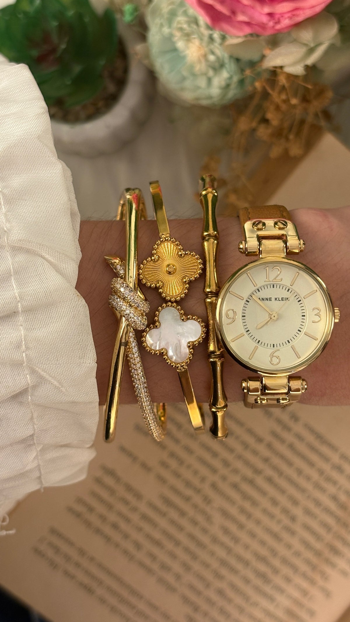 Vintage Anne Klein Minimalist Watch in Gold Tone Brown Leather Quartz