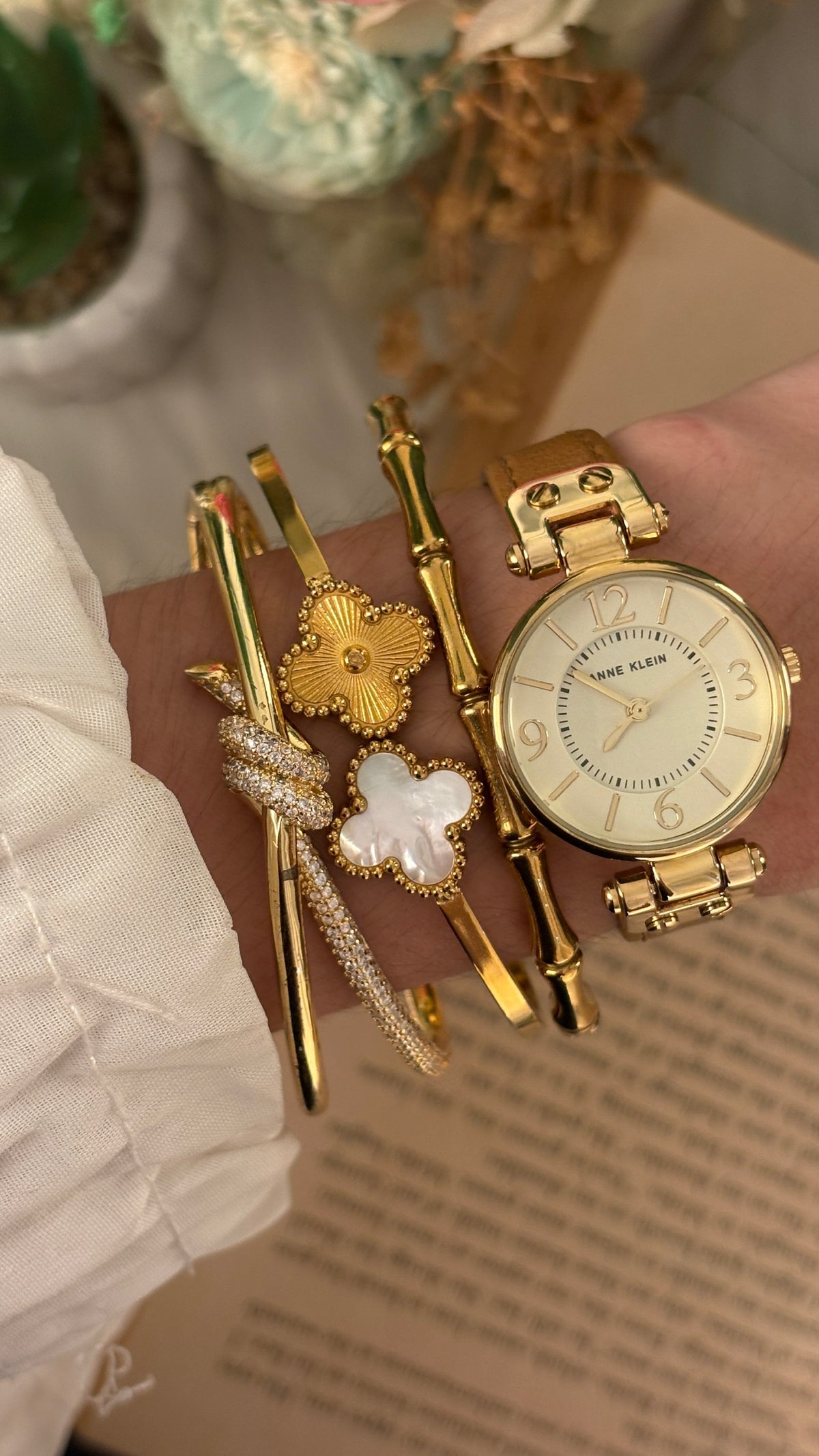 Vintage Anne Klein Minimalist Watch in Gold Tone Brown Leather Quartz