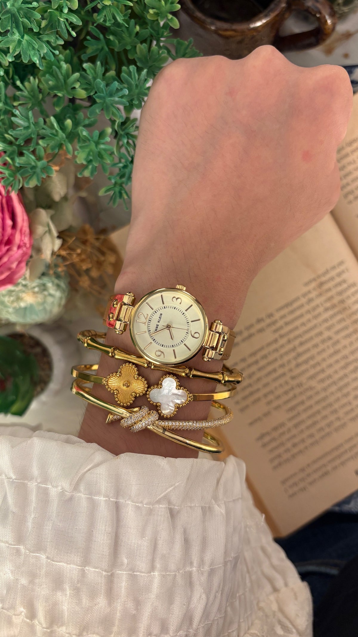 Vintage Anne Klein Minimalist Watch in Gold Tone Brown Leather Quartz