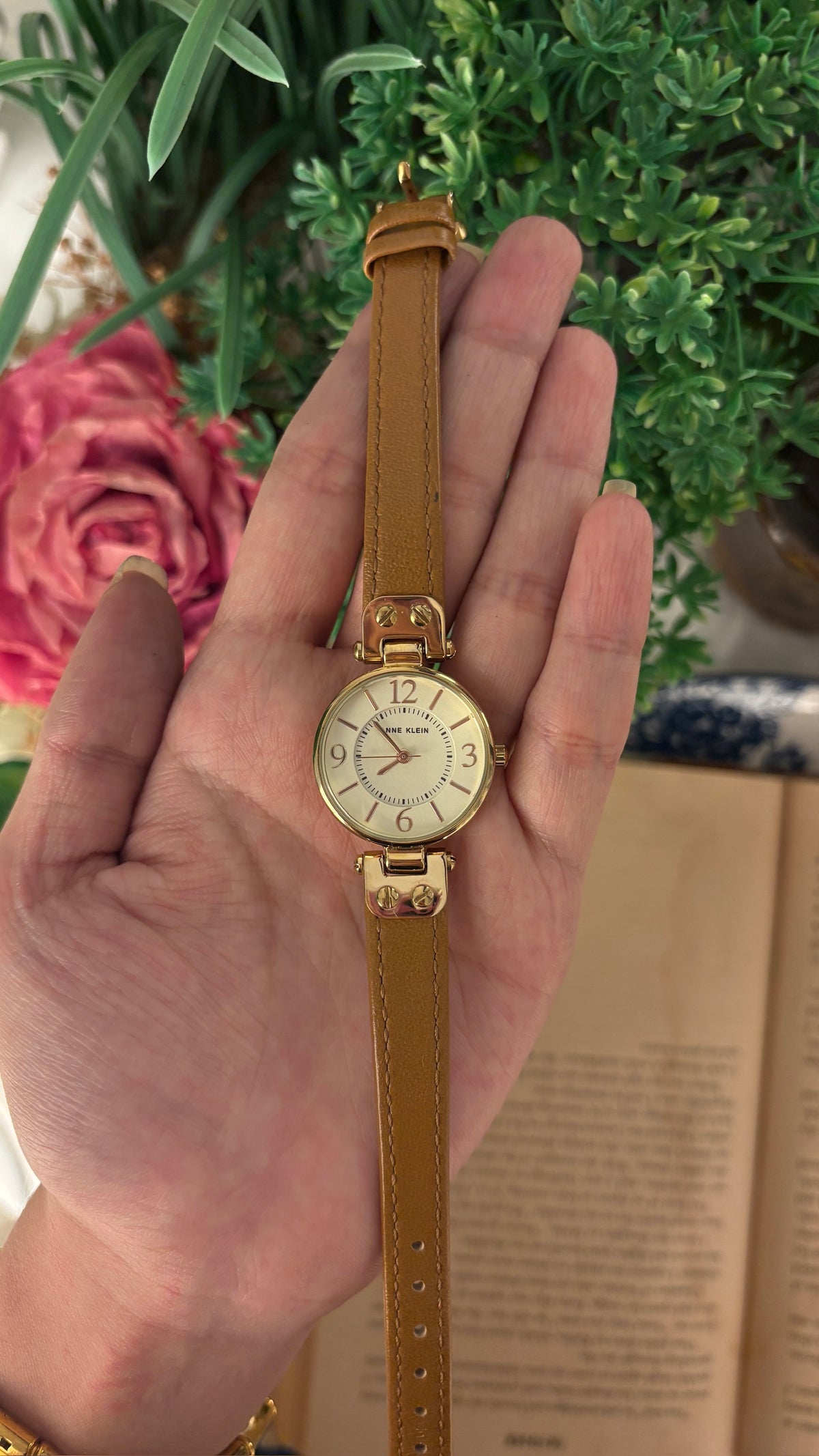Vintage Anne Klein Minimalist Watch in Gold Tone Brown Leather Quartz