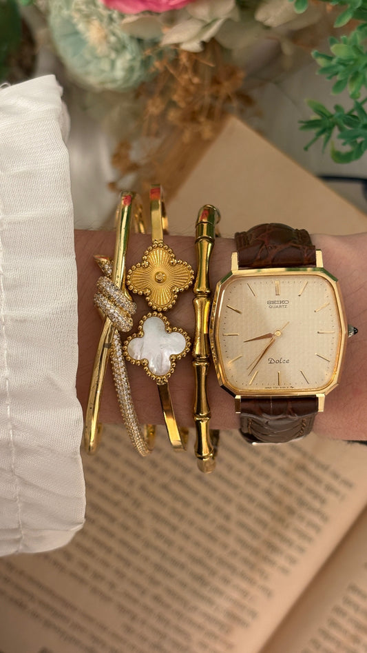 Rare Vintage Seiko Dolce Tank Watch in Gold Tone Brown Leather Quartz