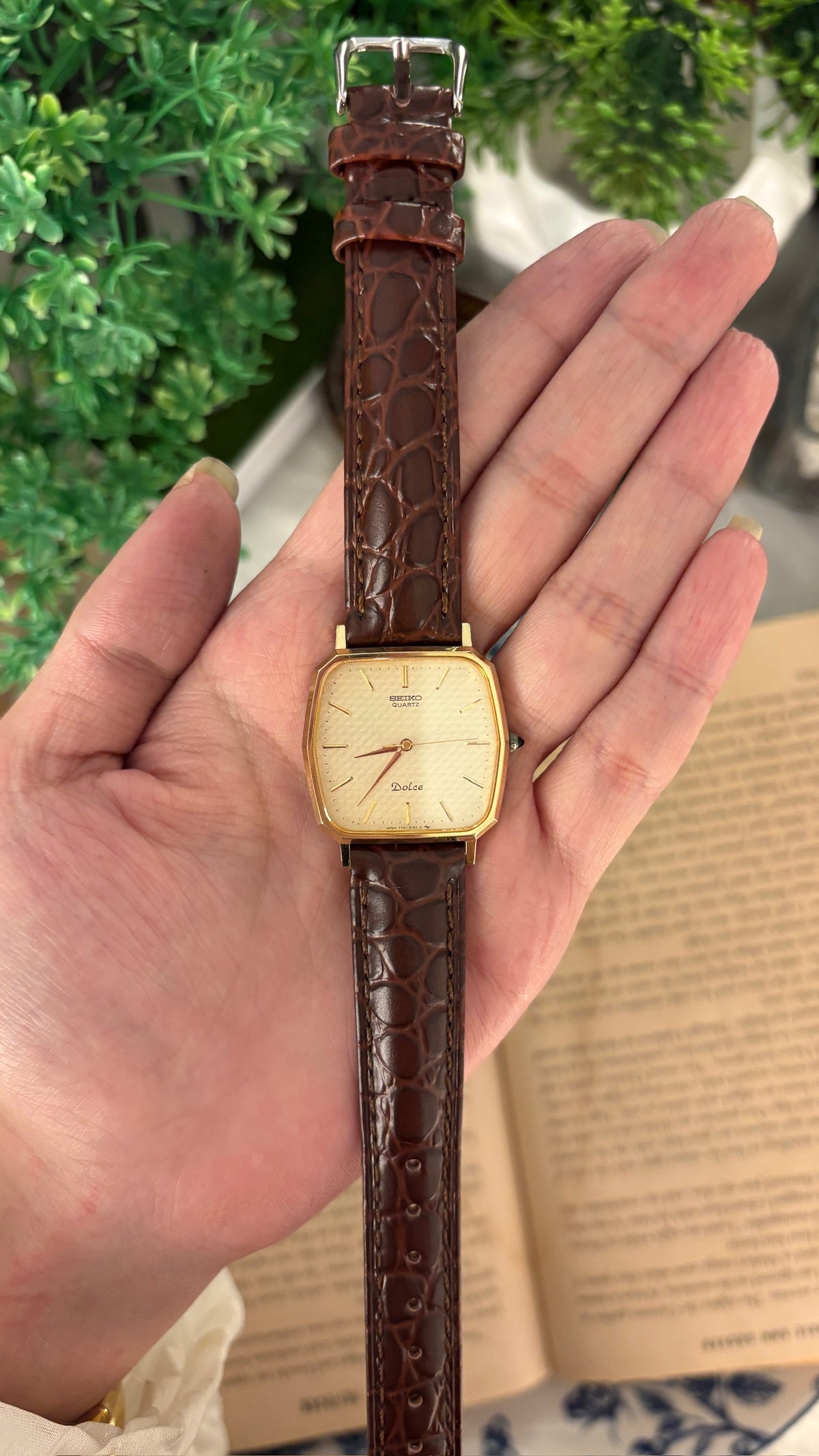 Rare Vintage Seiko Dolce Tank Watch in Gold Tone Brown Leather Quartz