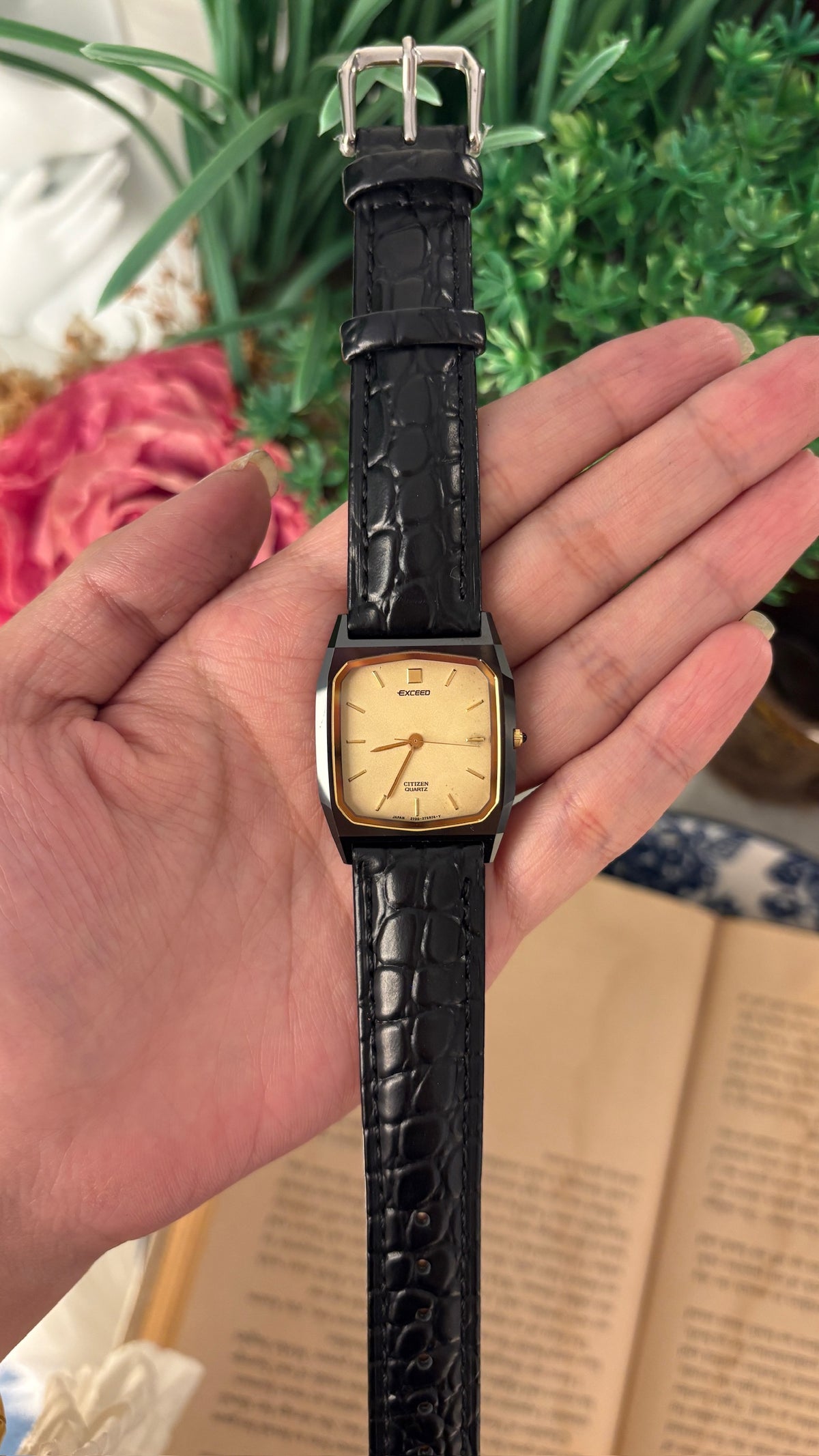 Rare Vintage Exceed Citizen Tank Watch in Silver Tone Black Leather Quartz