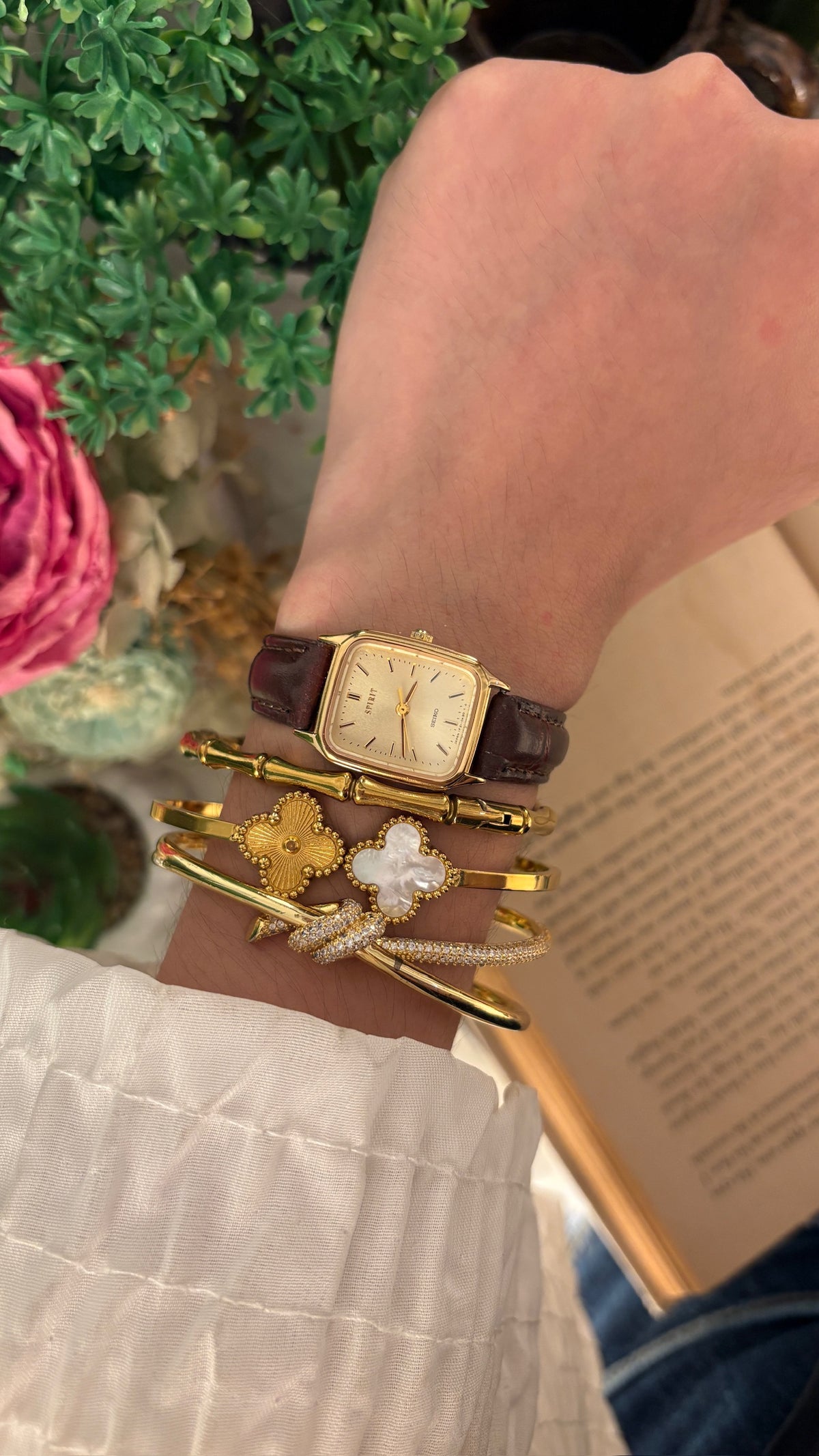 Rare Dainty Vintage Seiko Spirit Mini Tank Watch in Gold Tone Brown Leather Quartz