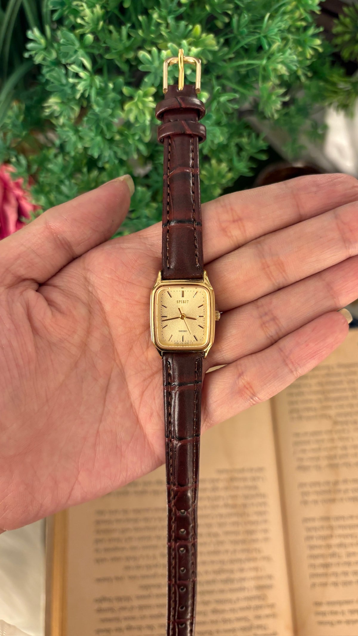 Rare Dainty Vintage Seiko Spirit Mini Tank Watch in Gold Tone Brown Leather Quartz
