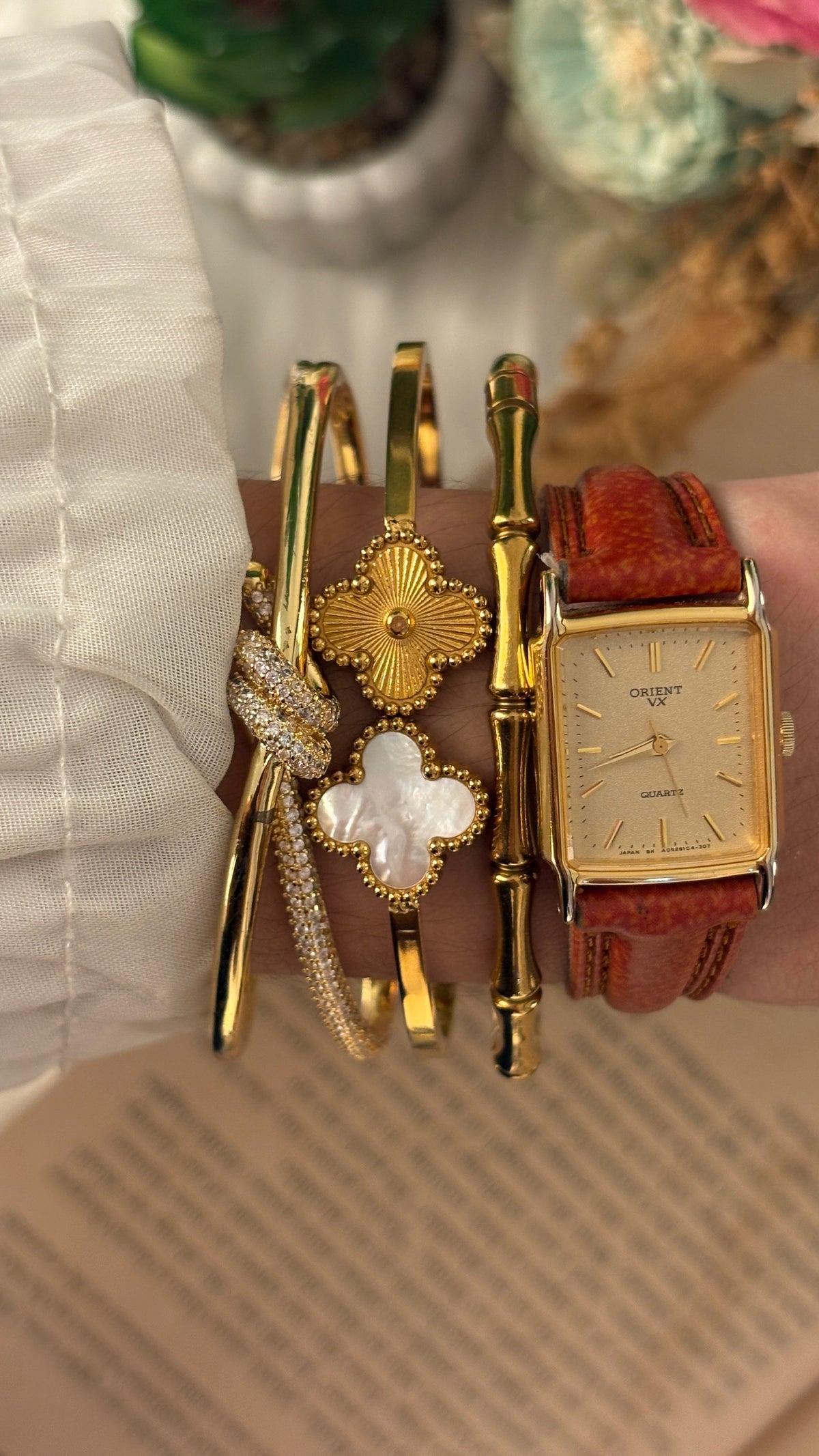 Rare Dainty Vintage Orient Seiko Tank Watch in Gold Tone Brown Leather Quartz