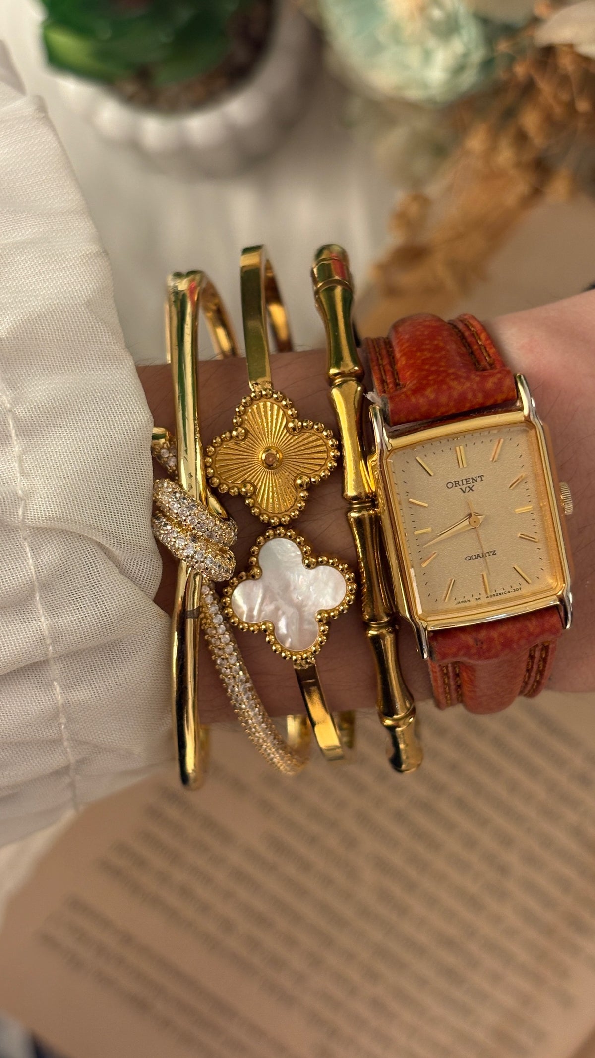 Rare Dainty Vintage Orient Seiko Tank Watch in Gold Tone Brown Leather Quartz