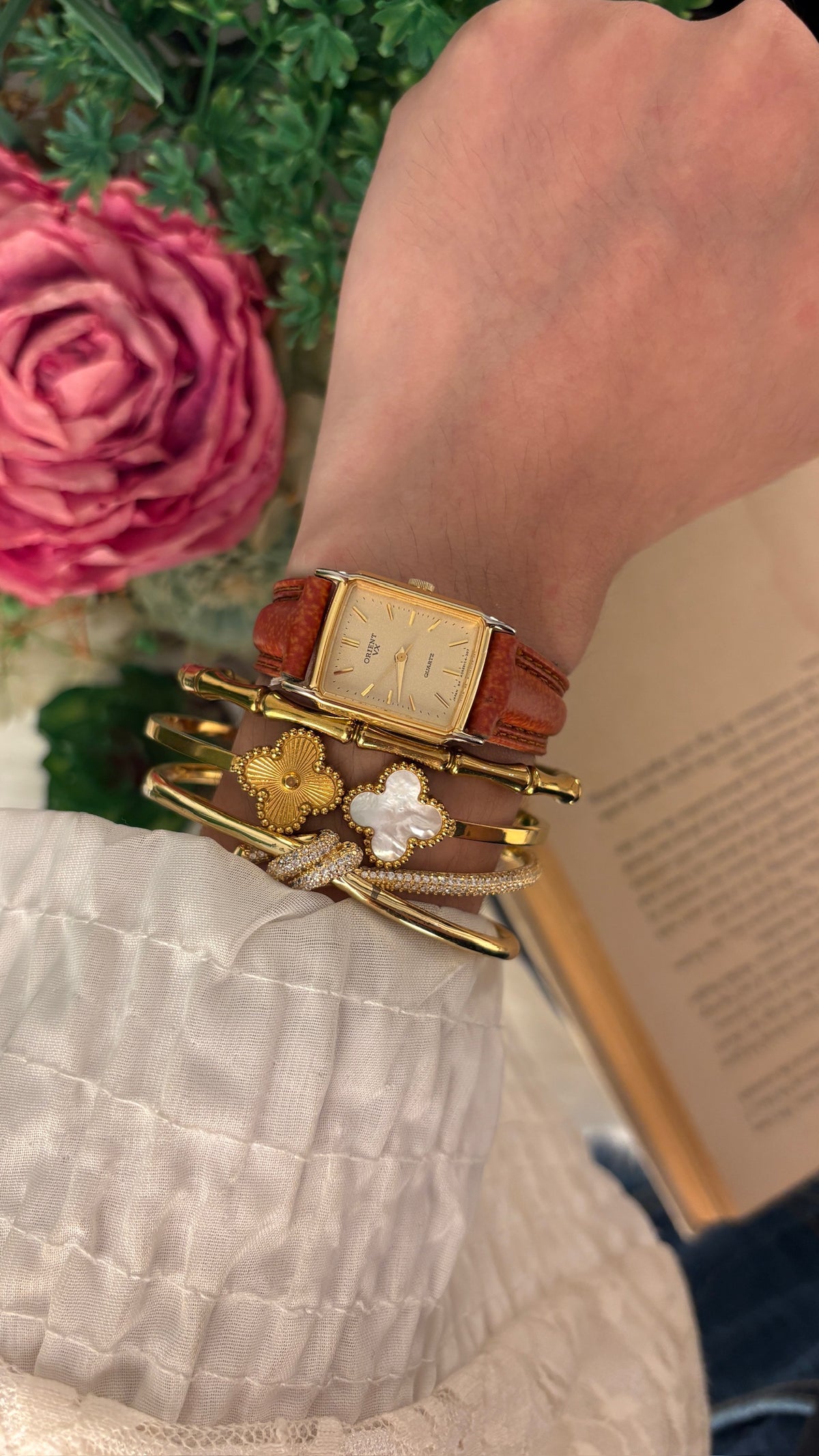 Rare Dainty Vintage Orient Seiko Tank Watch in Gold Tone Brown Leather Quartz