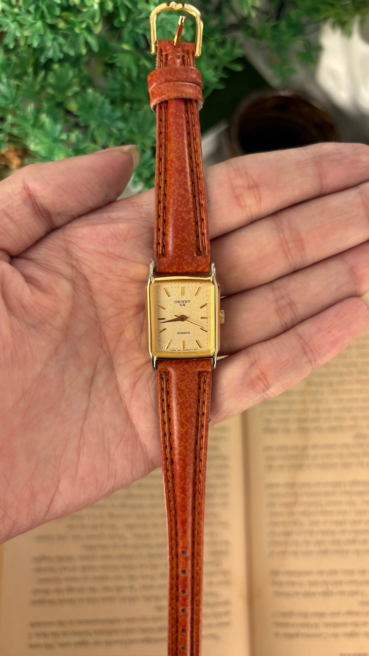 Rare Dainty Vintage Orient Seiko Tank Watch in Gold Tone Brown Leather Quartz