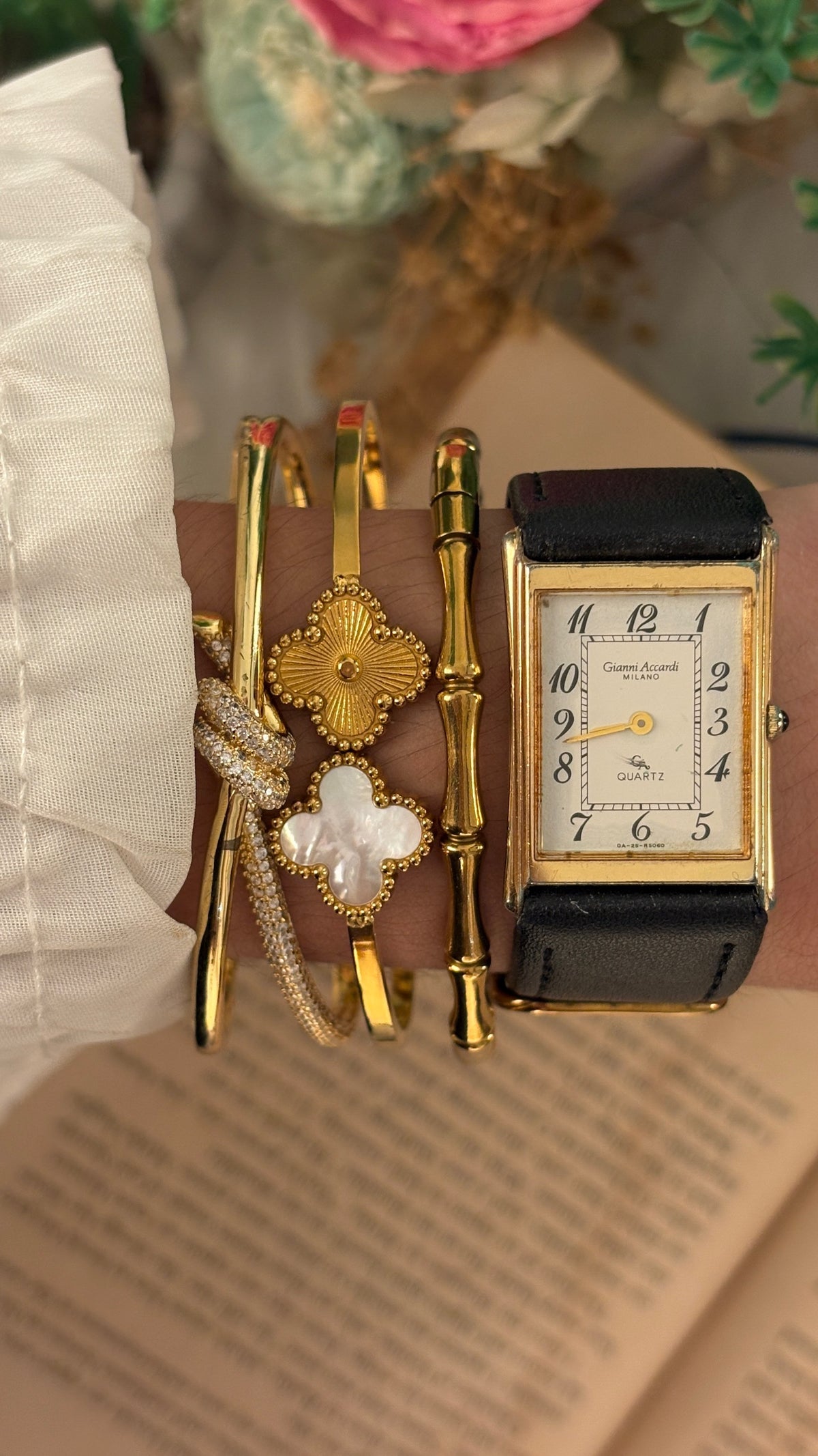 Rare Vintage Gianni Accardi Tank Watch in Gold Tone Black Leather Quartz