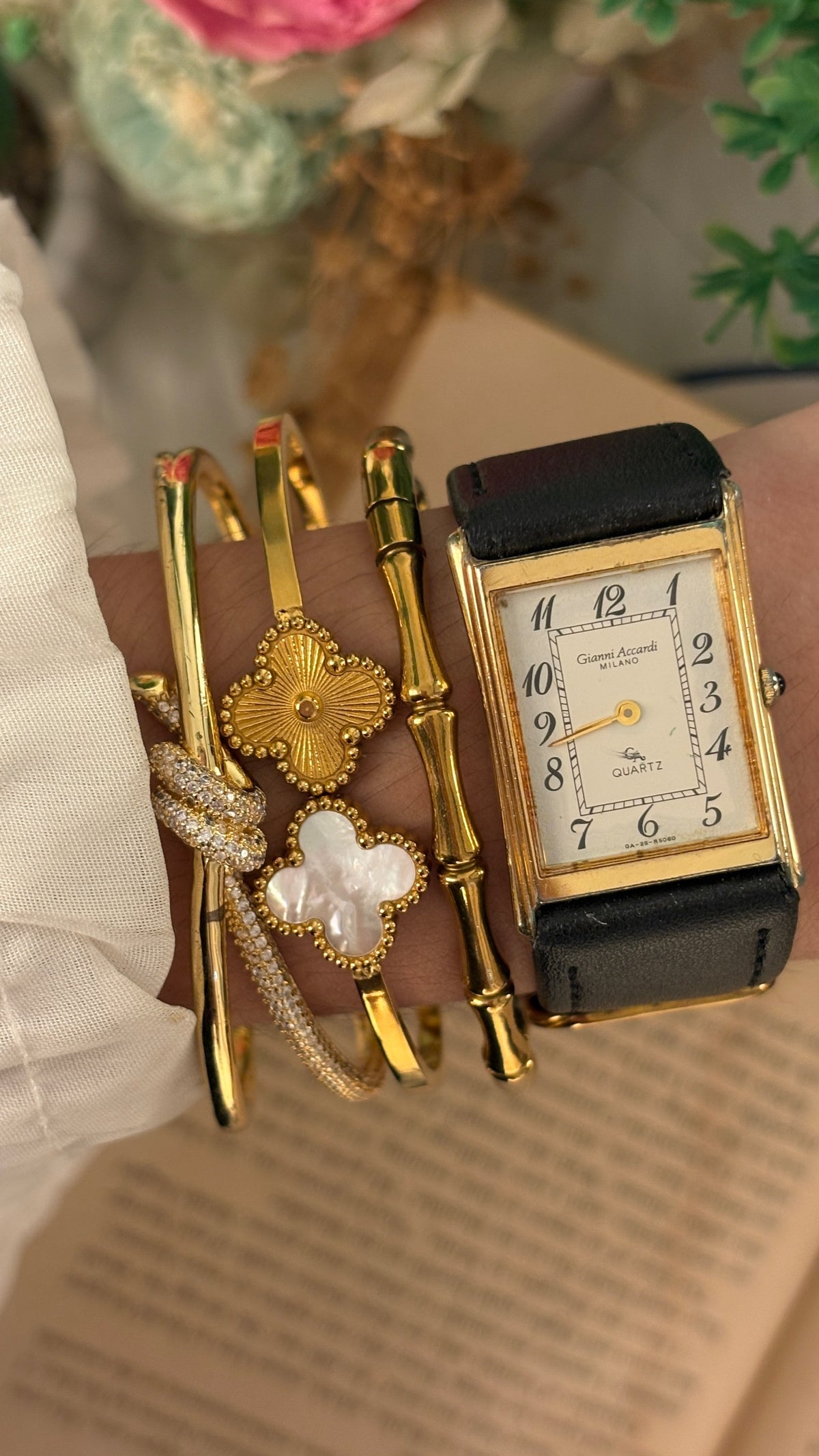 Rare Vintage Gianni Accardi Tank Watch in Gold Tone Black Leather Quartz