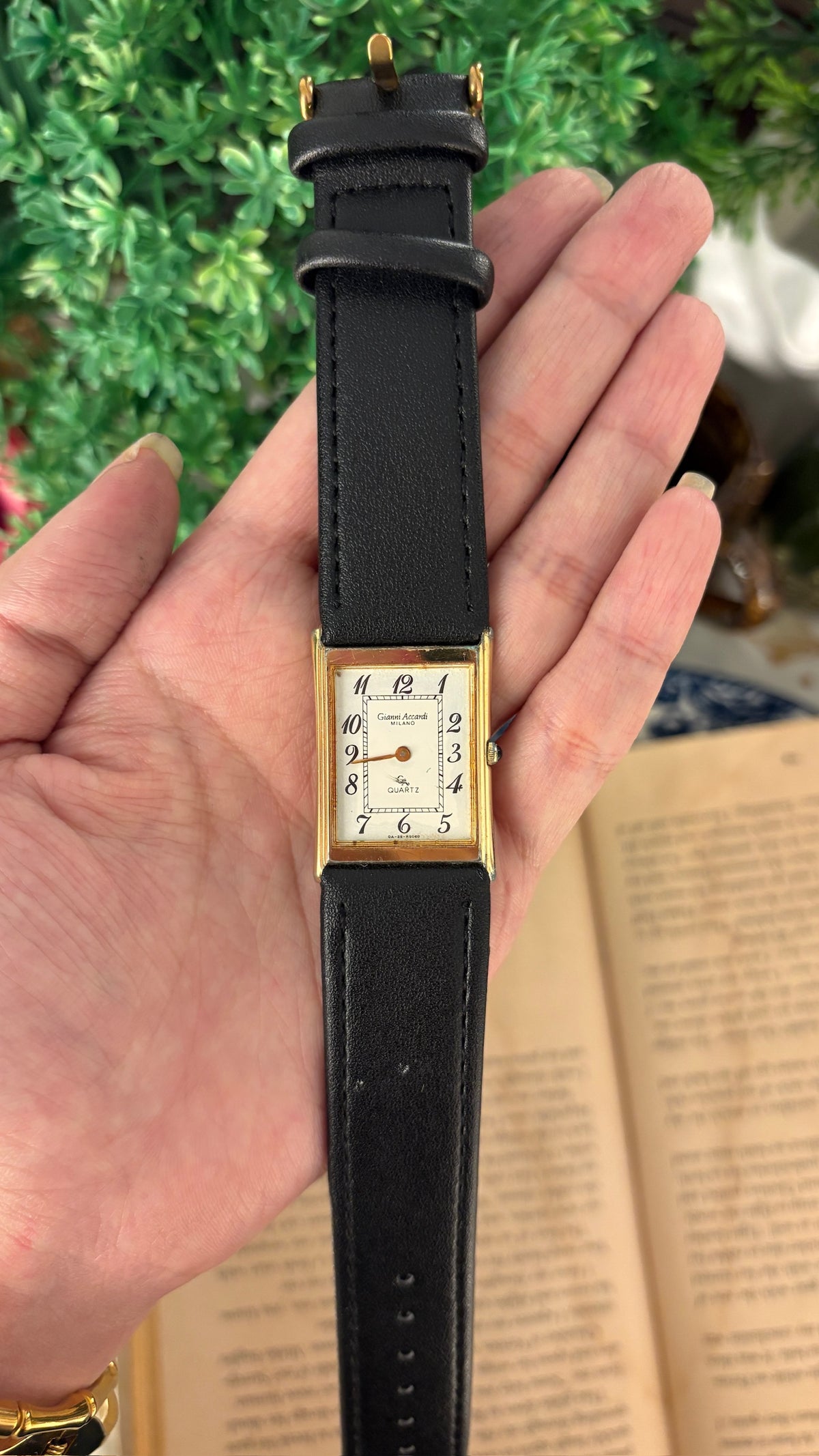 Rare Vintage Gianni Accardi Tank Watch in Gold Tone Black Leather Quartz