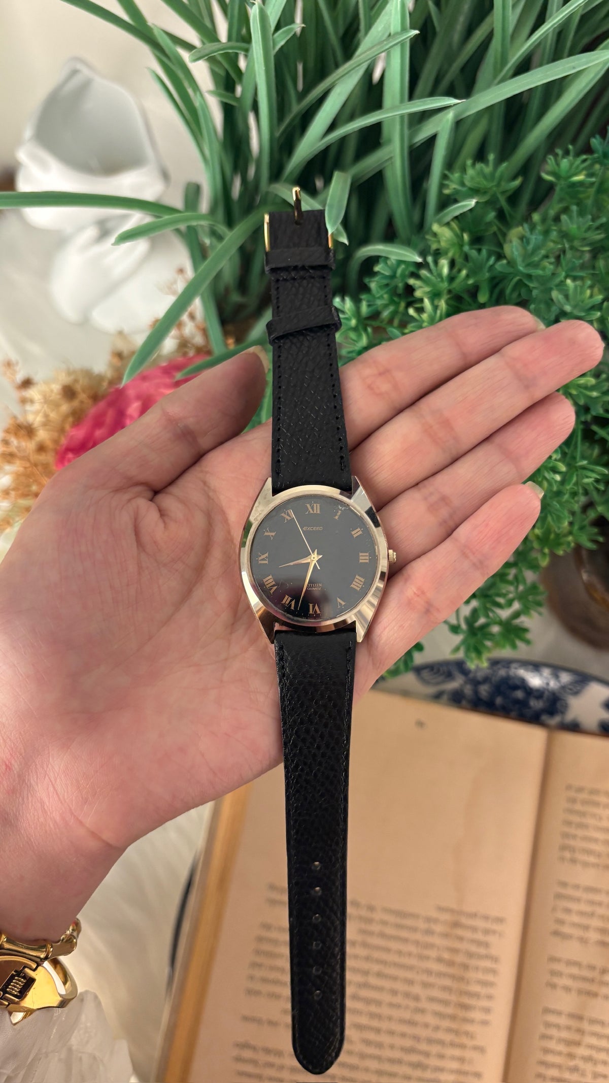 Rare Vintage Exceed Citizen Mens Watch in Silver Tone Black Leather Quartz