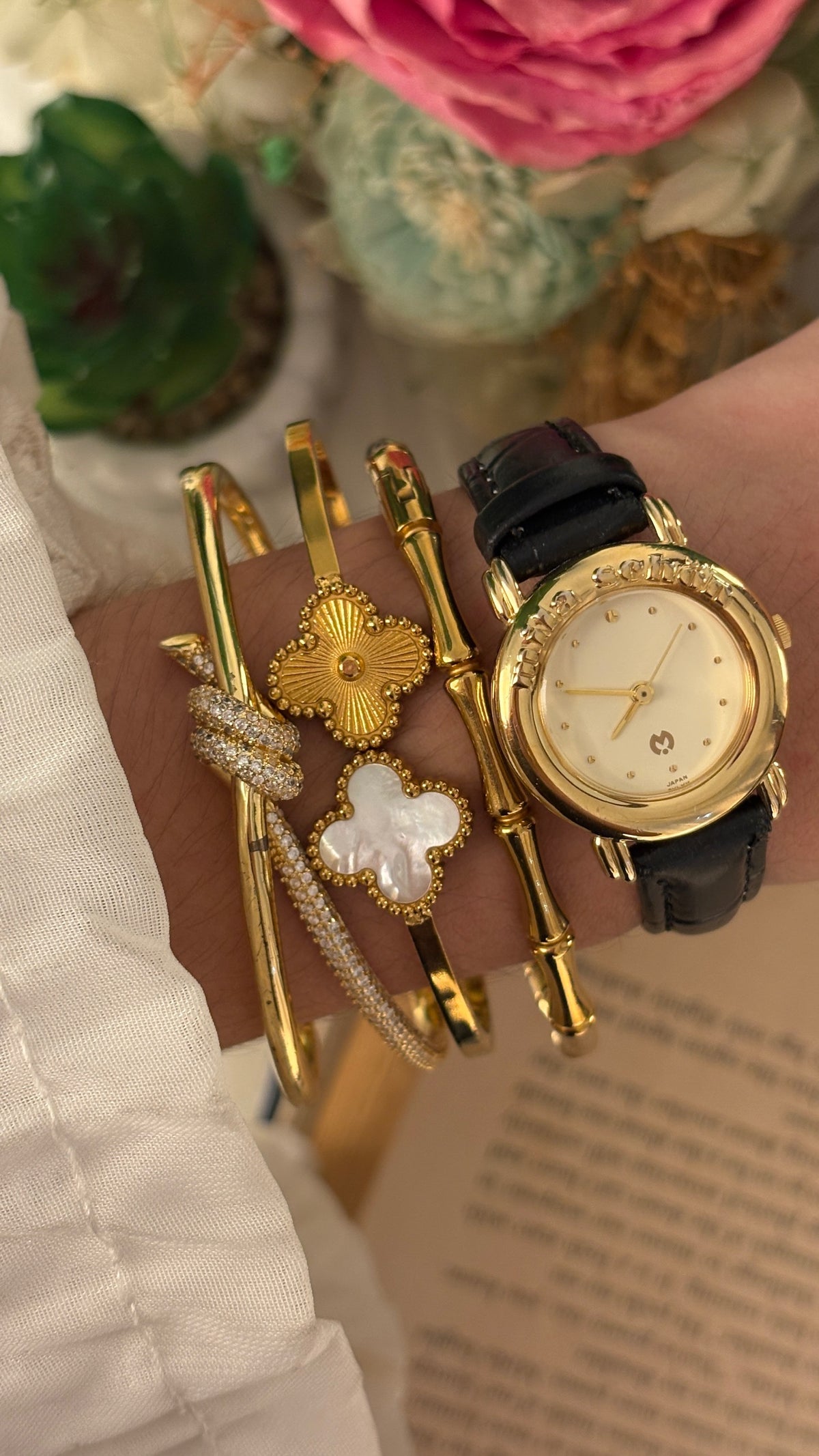 Rare Vintage Mila Schon Logo Bezel Watch in Gold Tone Black Leather Quartz