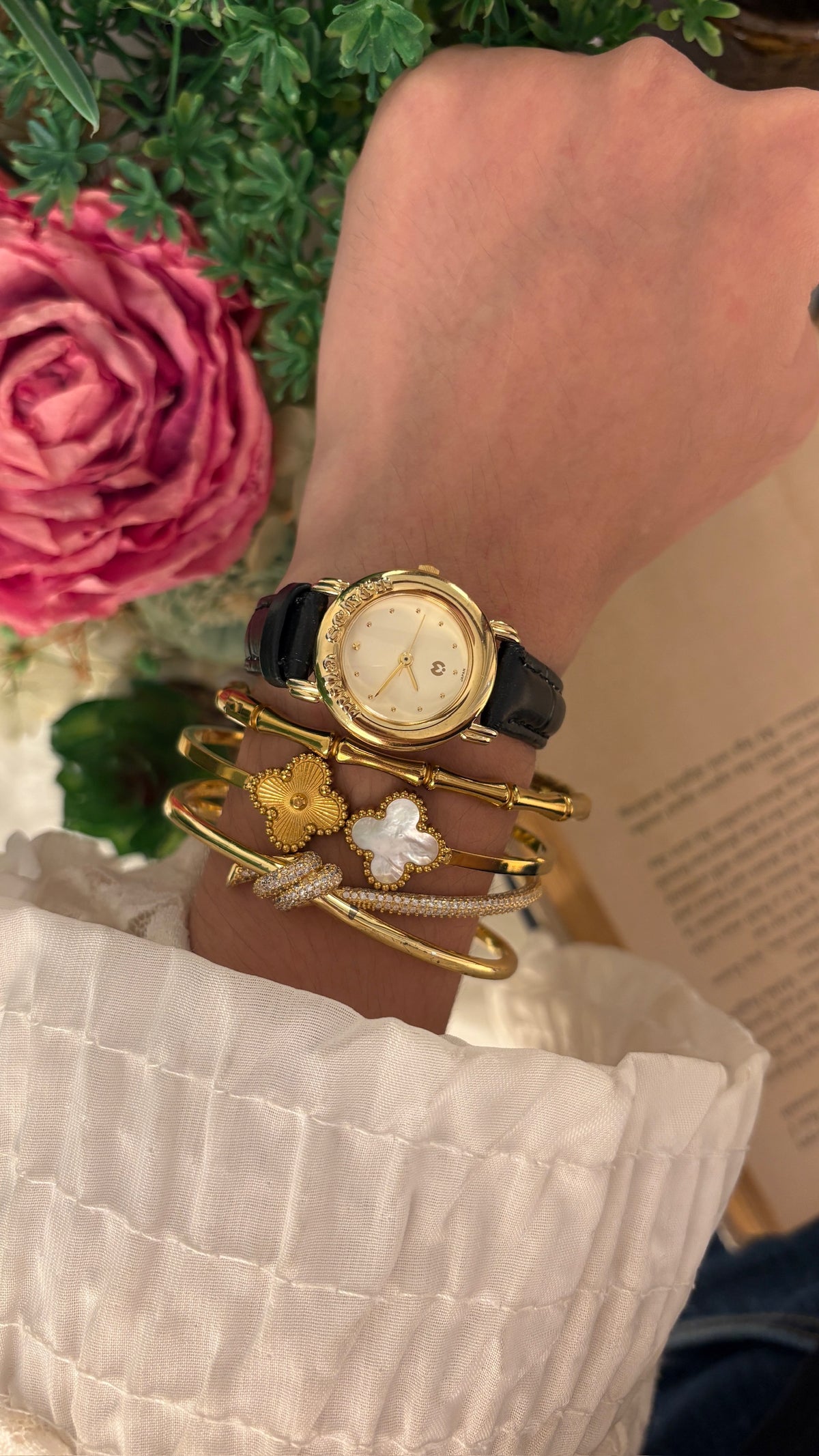 Rare Vintage Mila Schon Logo Bezel Watch in Gold Tone Black Leather Quartz