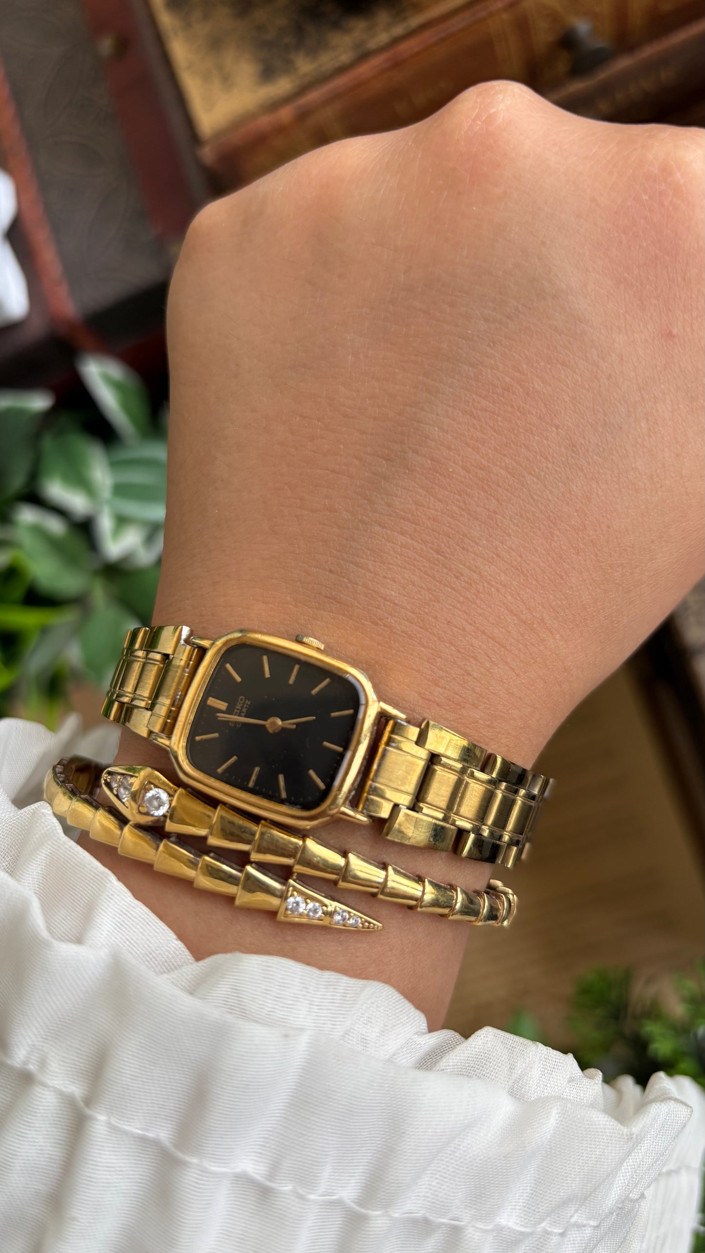 Vintage Seiko Japan Watch in Gold Tone Black Dial Square Face
