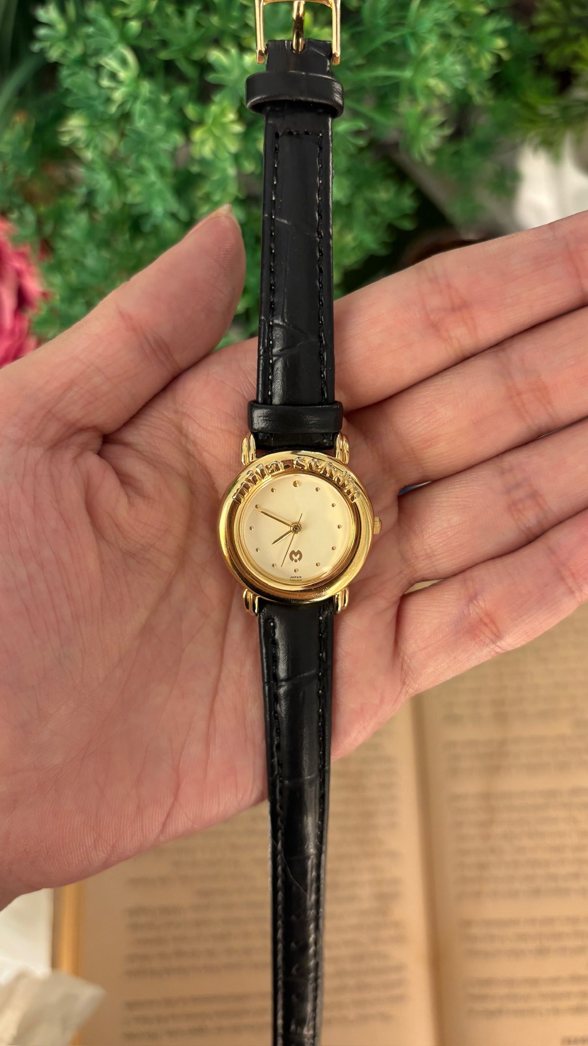 Rare Vintage Mila Schon Logo Bezel Watch in Gold Tone Black Leather Quartz