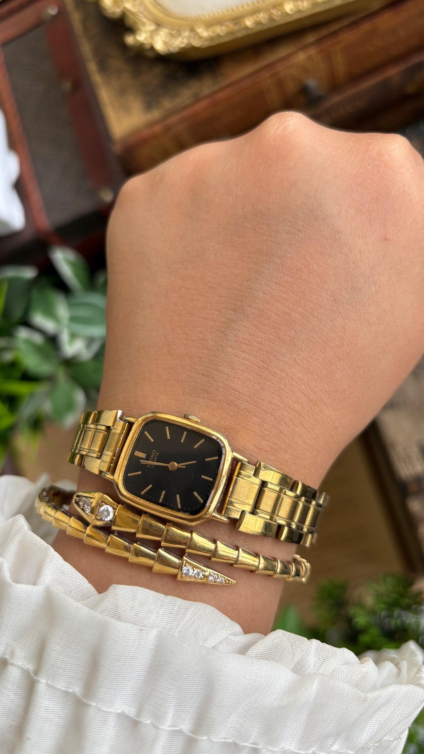Vintage Seiko Japan Watch in Gold Tone Black Dial Square Face