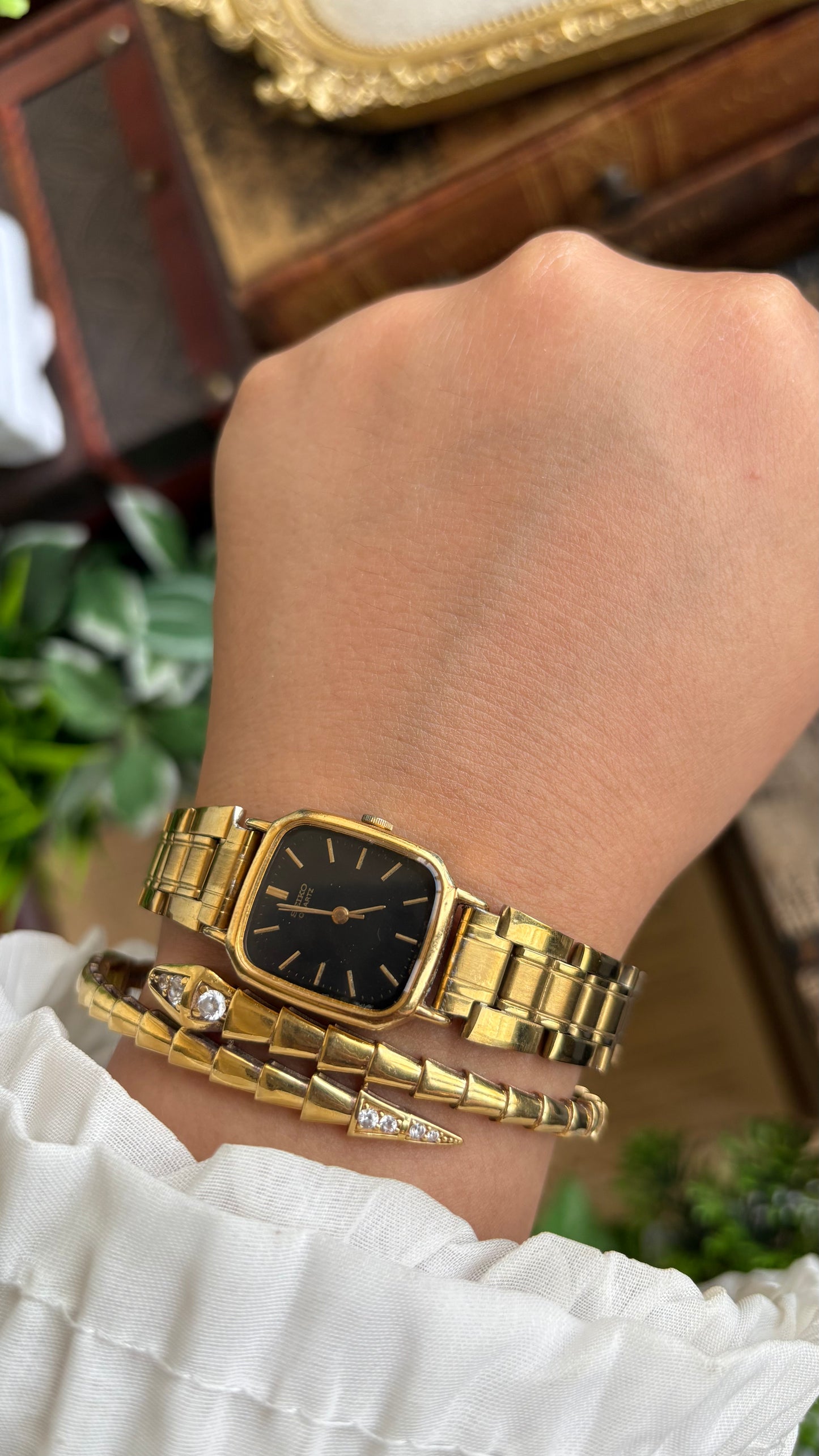 Vintage Seiko Japan Watch in Gold Tone Black Dial Square Face