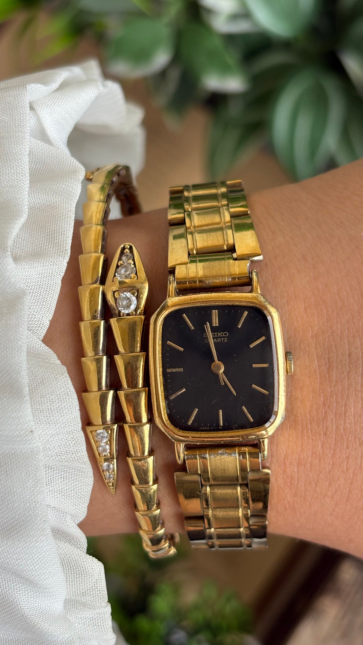 Vintage Seiko Japan Watch in Gold Tone Black Dial Square Face